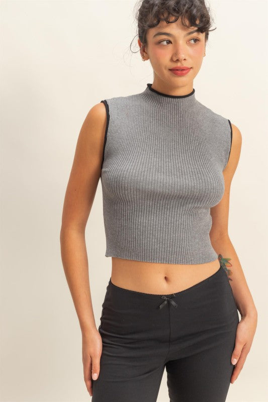 Sleeveless Ribbed Mock Neck Crop Top Kuda Moda Seamless Ribbed