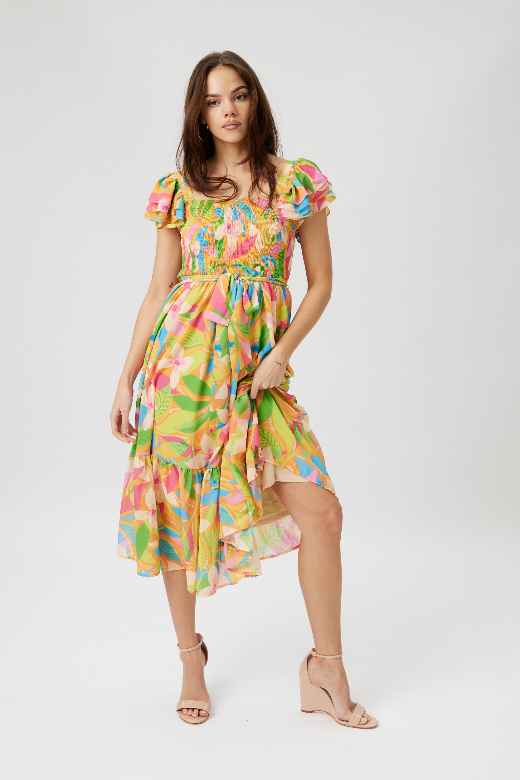Olivia Printed Smocked Bodice Midi Dress - fab'rik