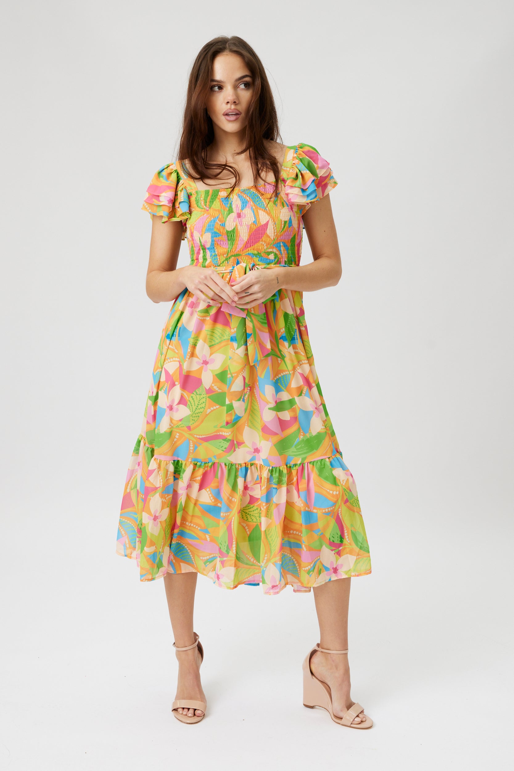 Olivia Printed Smocked Bodice Midi Dress - fab'rik