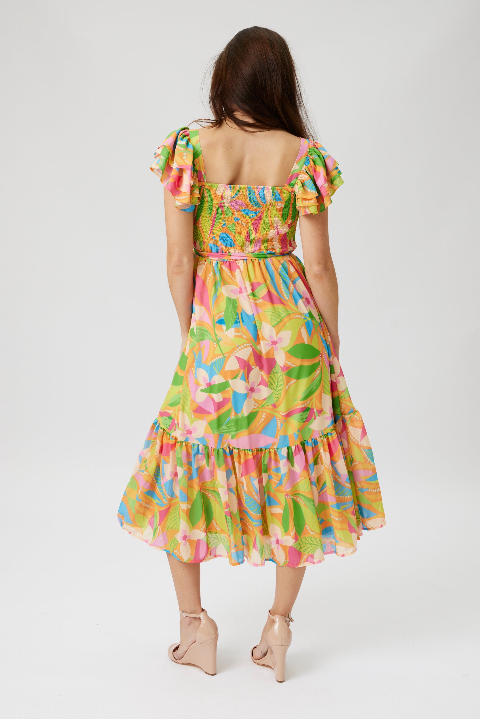 Olivia Printed Smocked Bodice Midi Dress - fab'rik