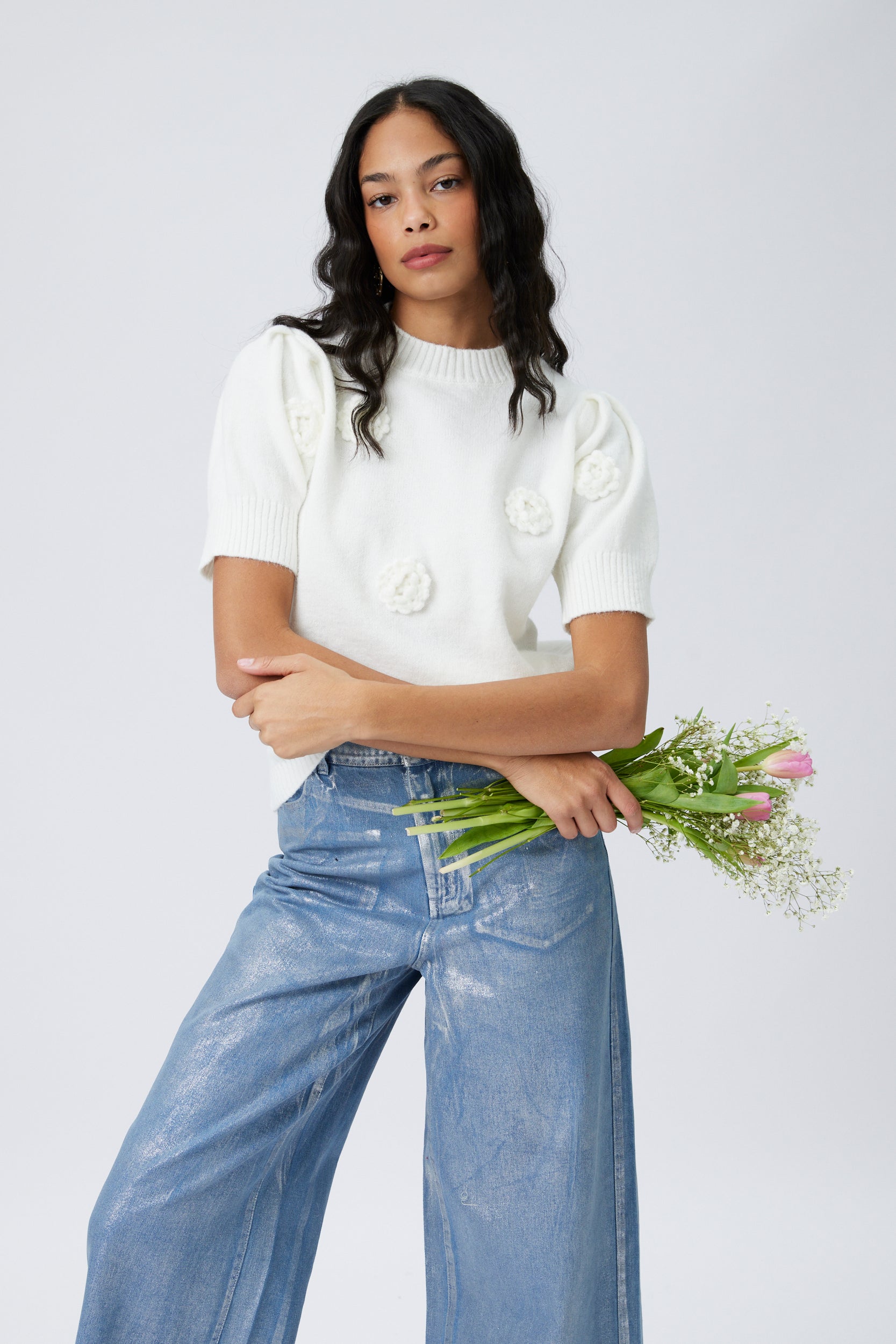 Nia Rose Detail Short Sleeve Sweater - fab'rik