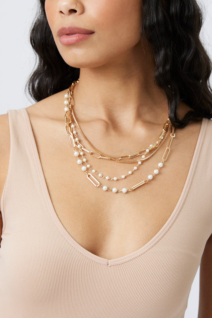 Trinity Four Layered Clip Chain and Pearl Bead Necklace - fab'rik