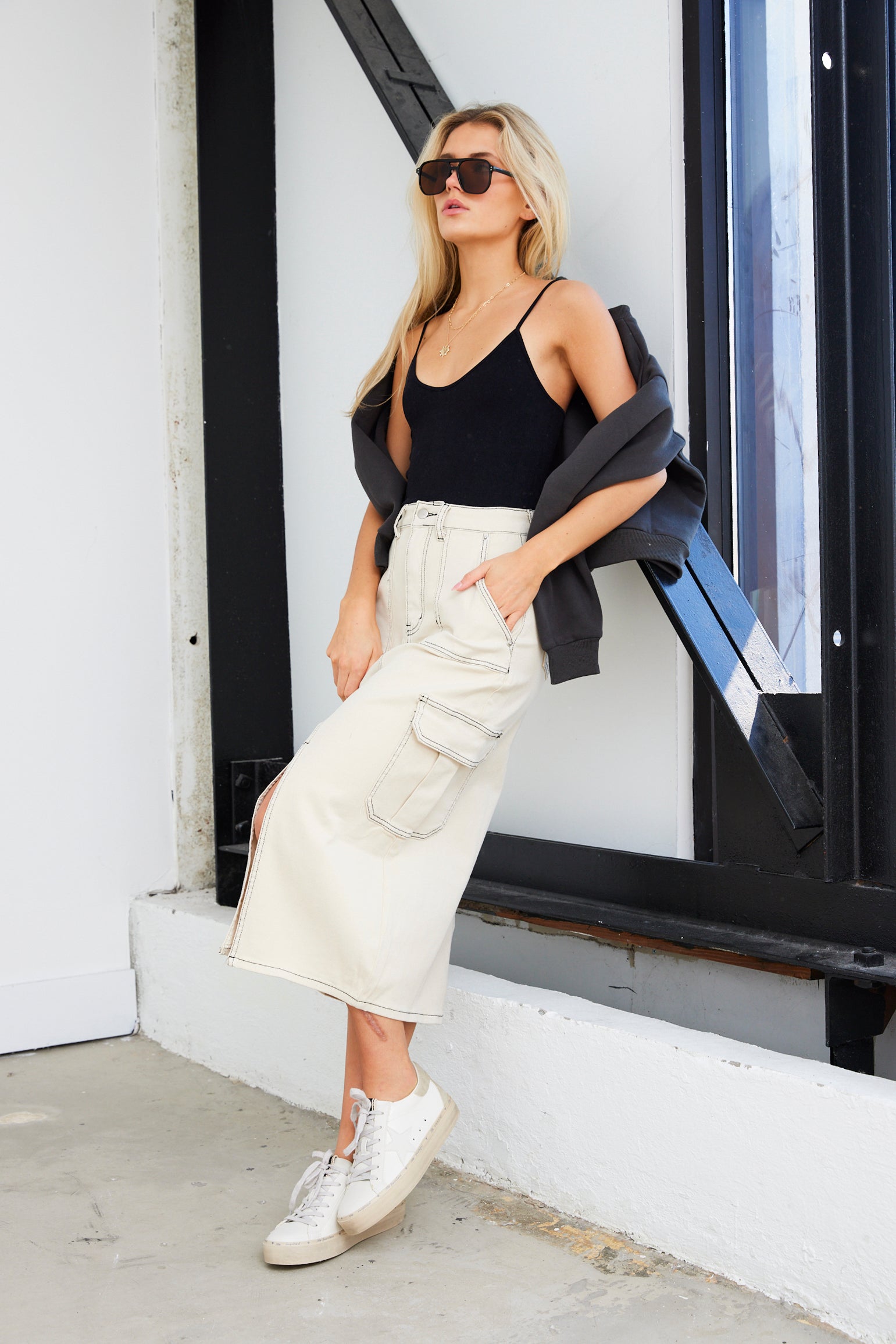 Monty Washed Stretch Denim Cargo Midi Skirt - fab'rik