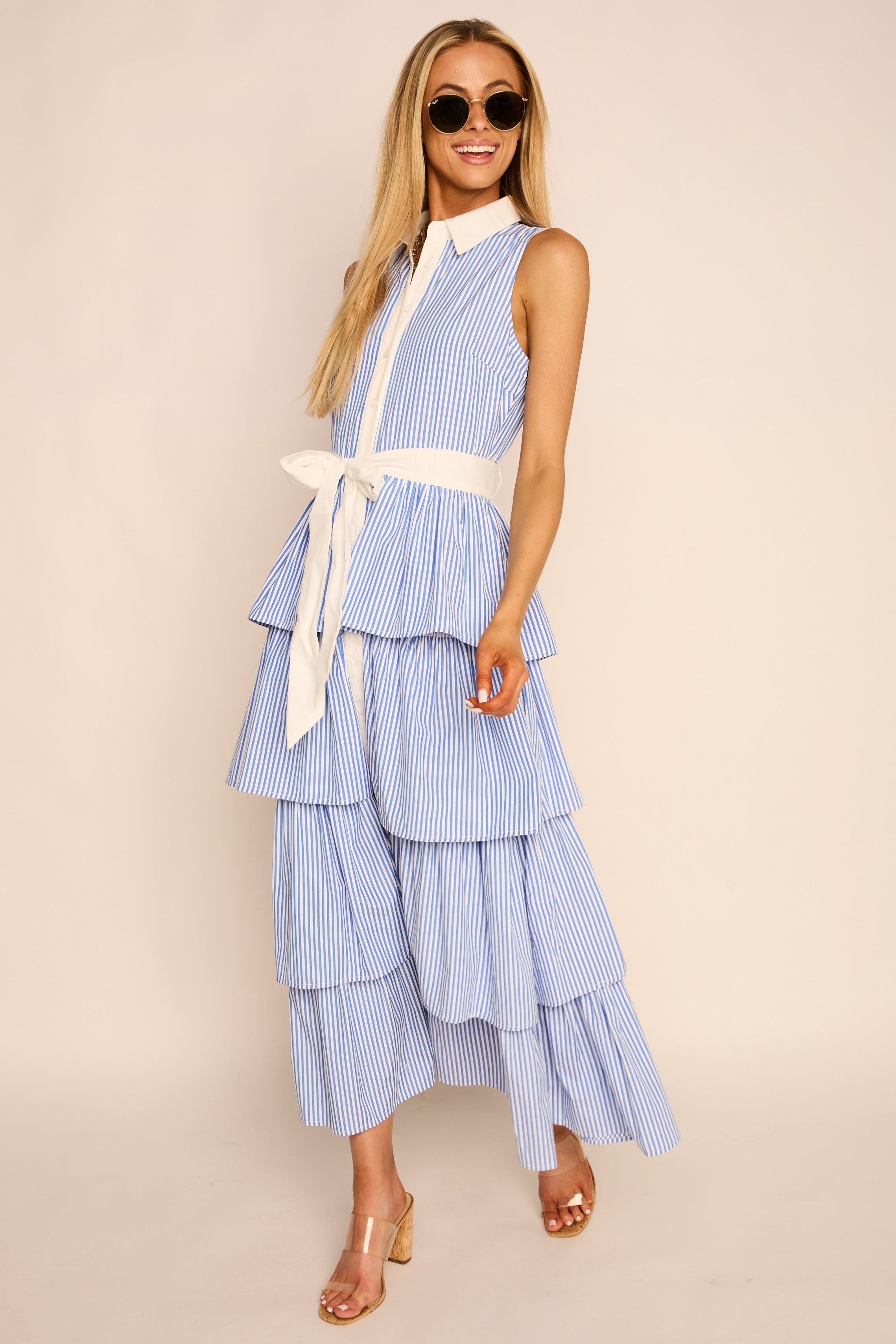 Emily Collared Pleated Stripe Dress