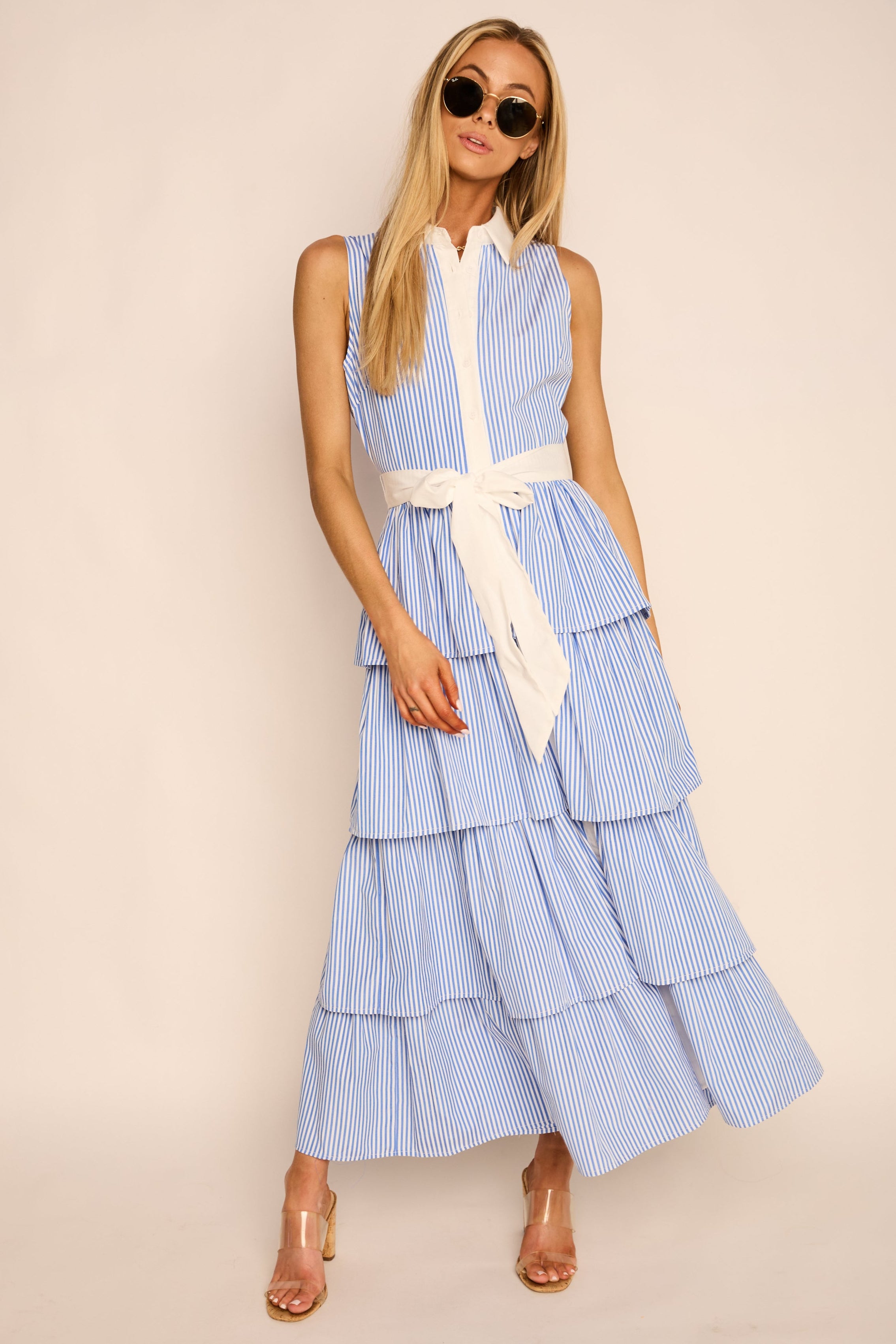 Emily Collared Pleated Stripe Dress
