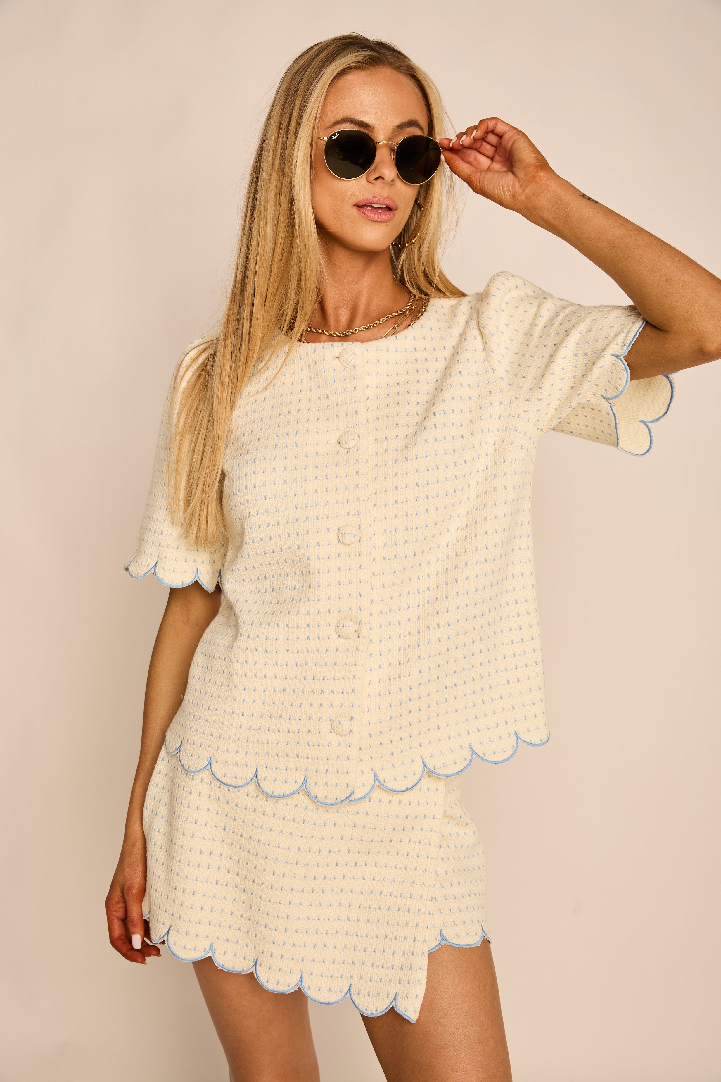 Isabel Embroidered Scallop Detail Button Down Top