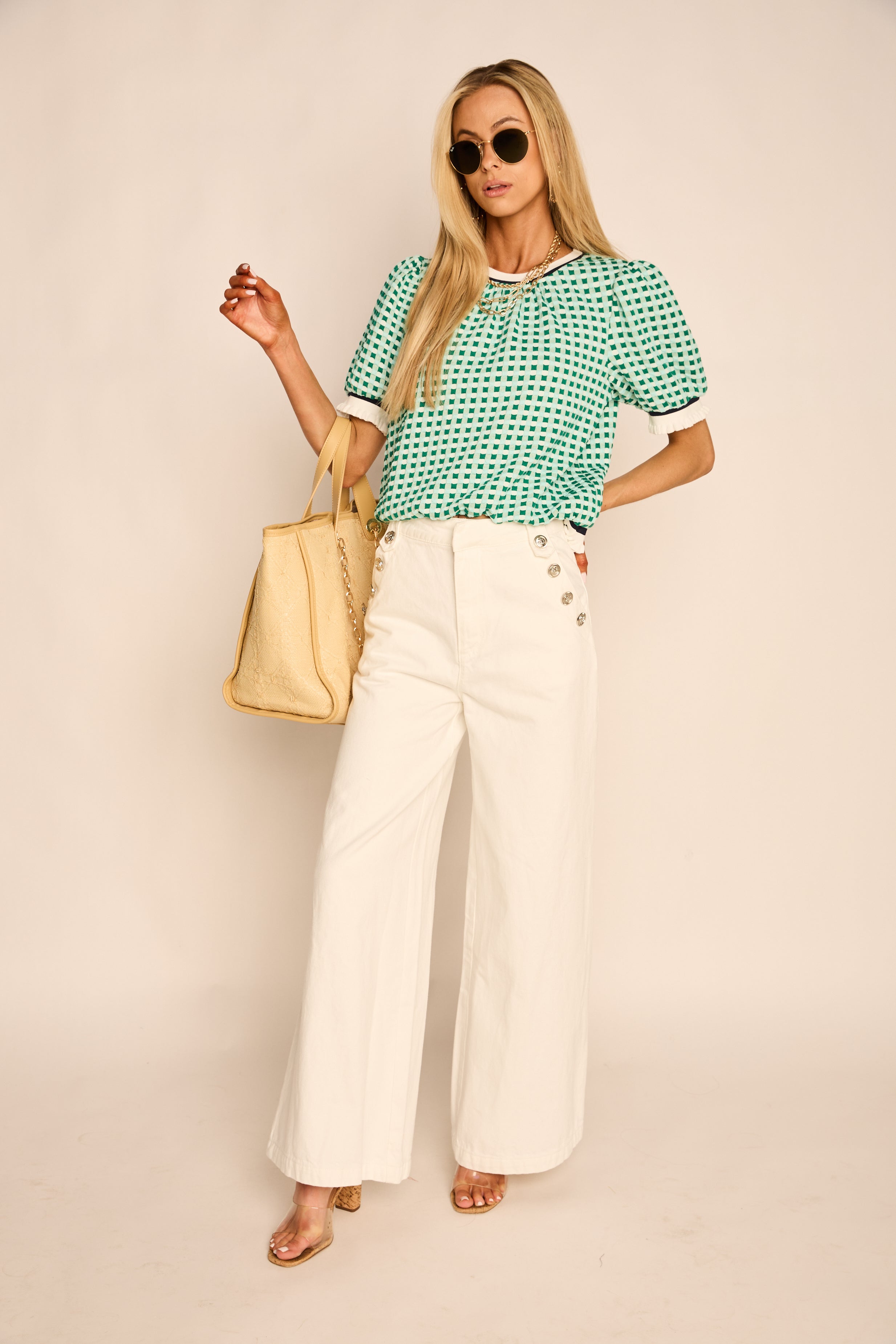 Olsen Puff Sleeve Plaid Knit Top