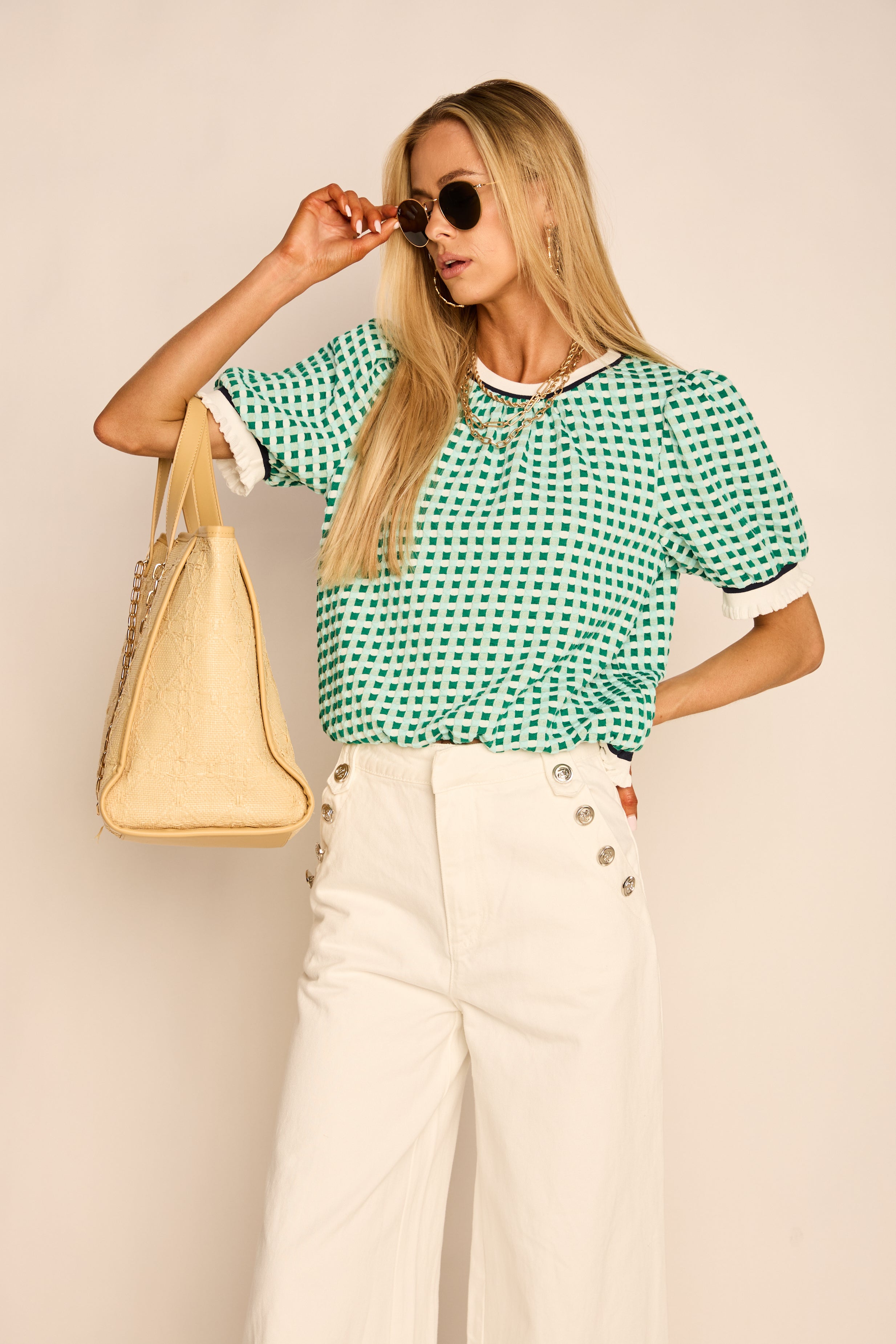 Olsen Puff Sleeve Plaid Knit Top