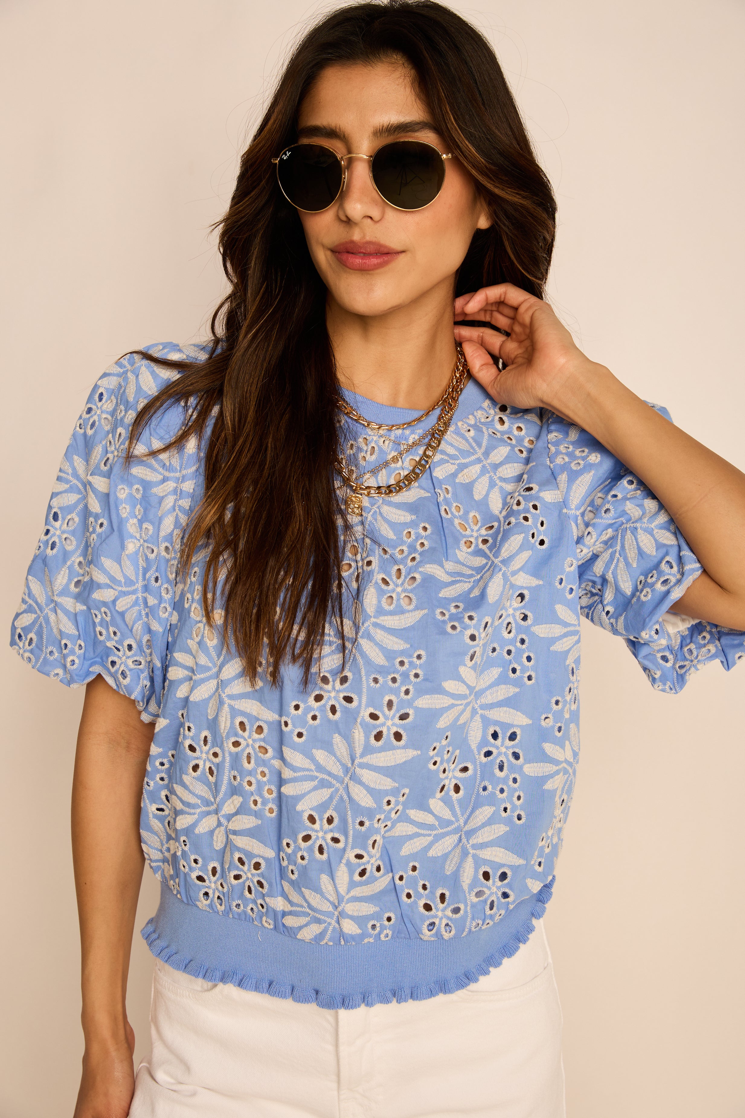 Evie Embroidered Bubble Sleeve Top