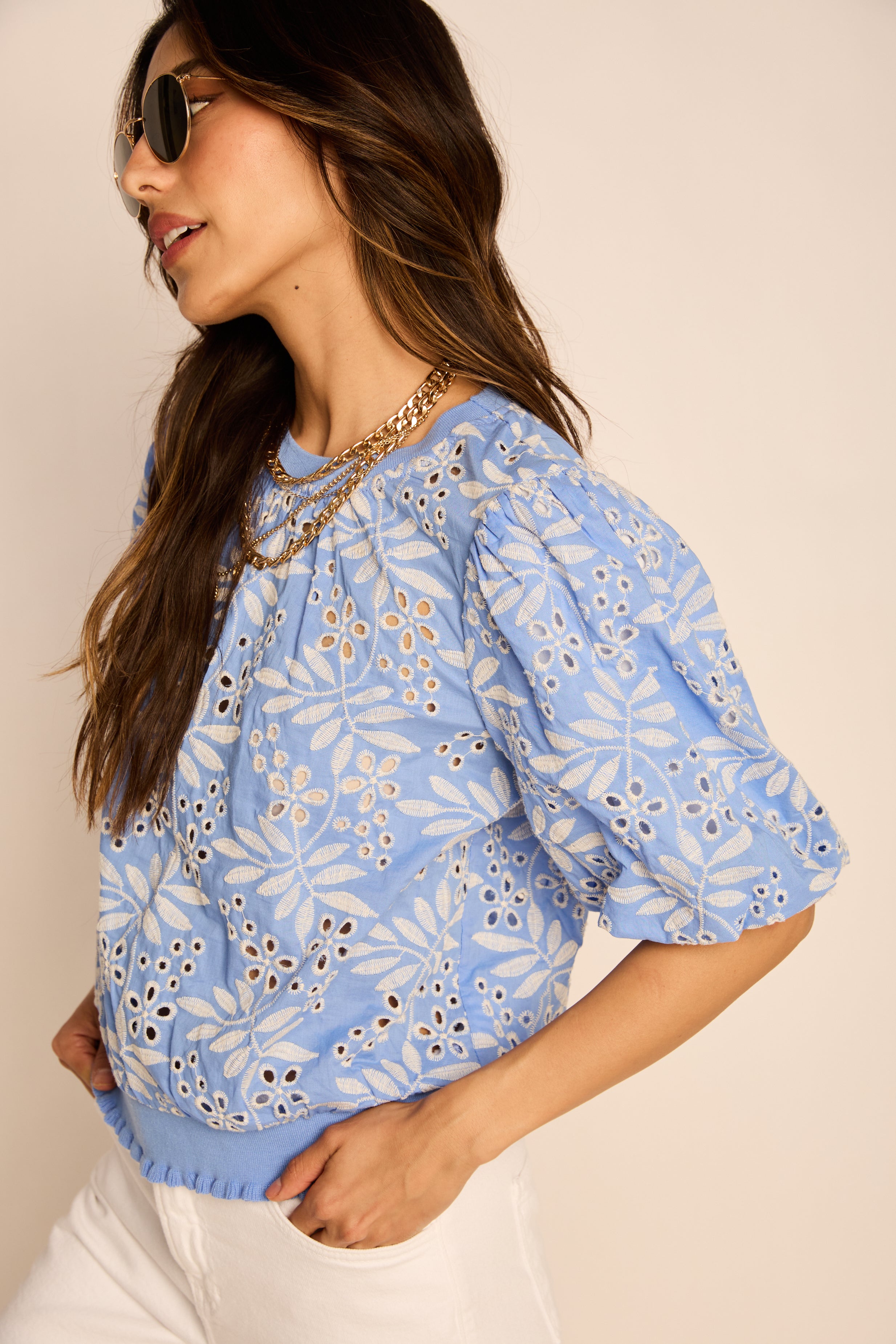 Evie Embroidered Bubble Sleeve Top