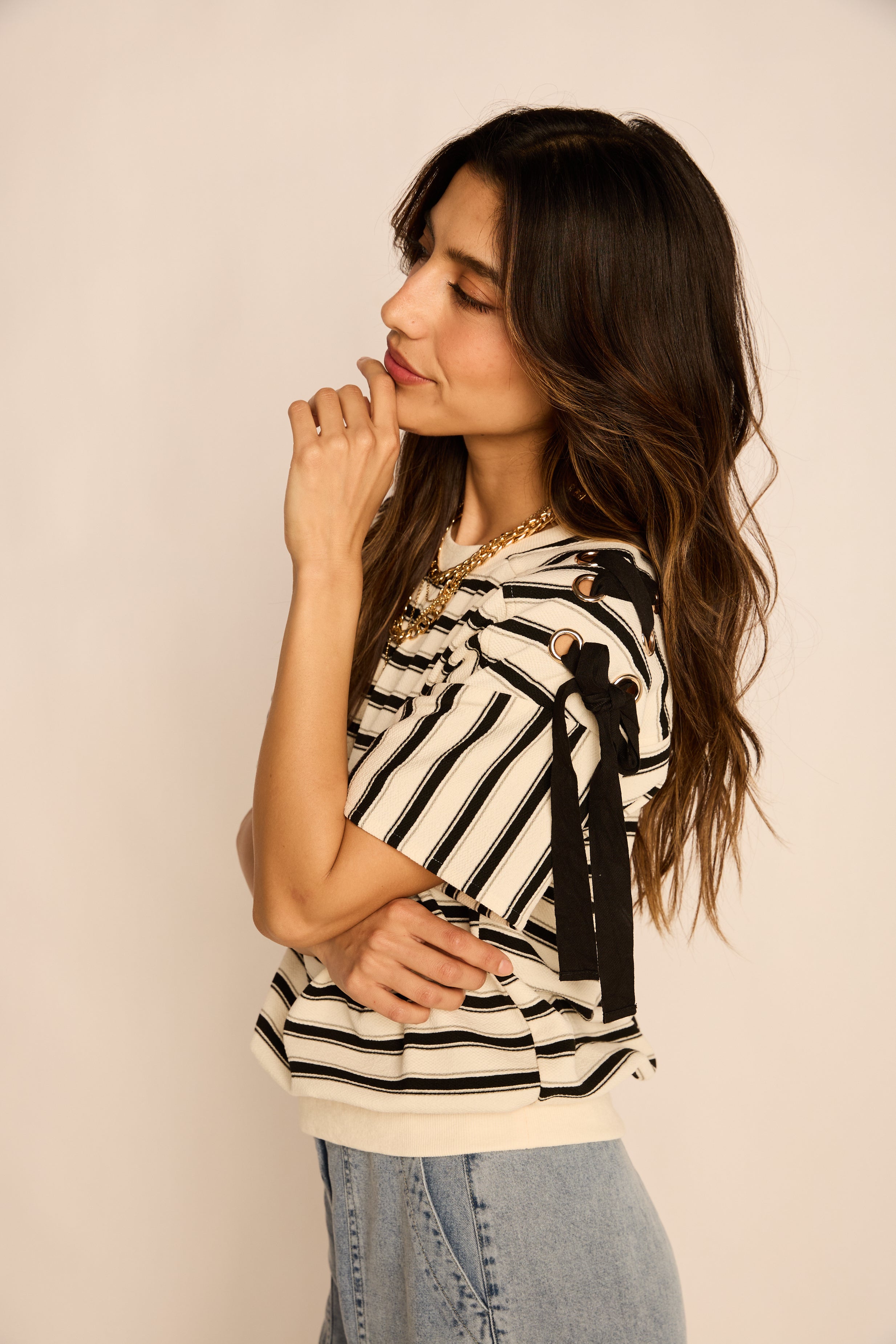 Kelsie Lace Up Stripe Knit Top