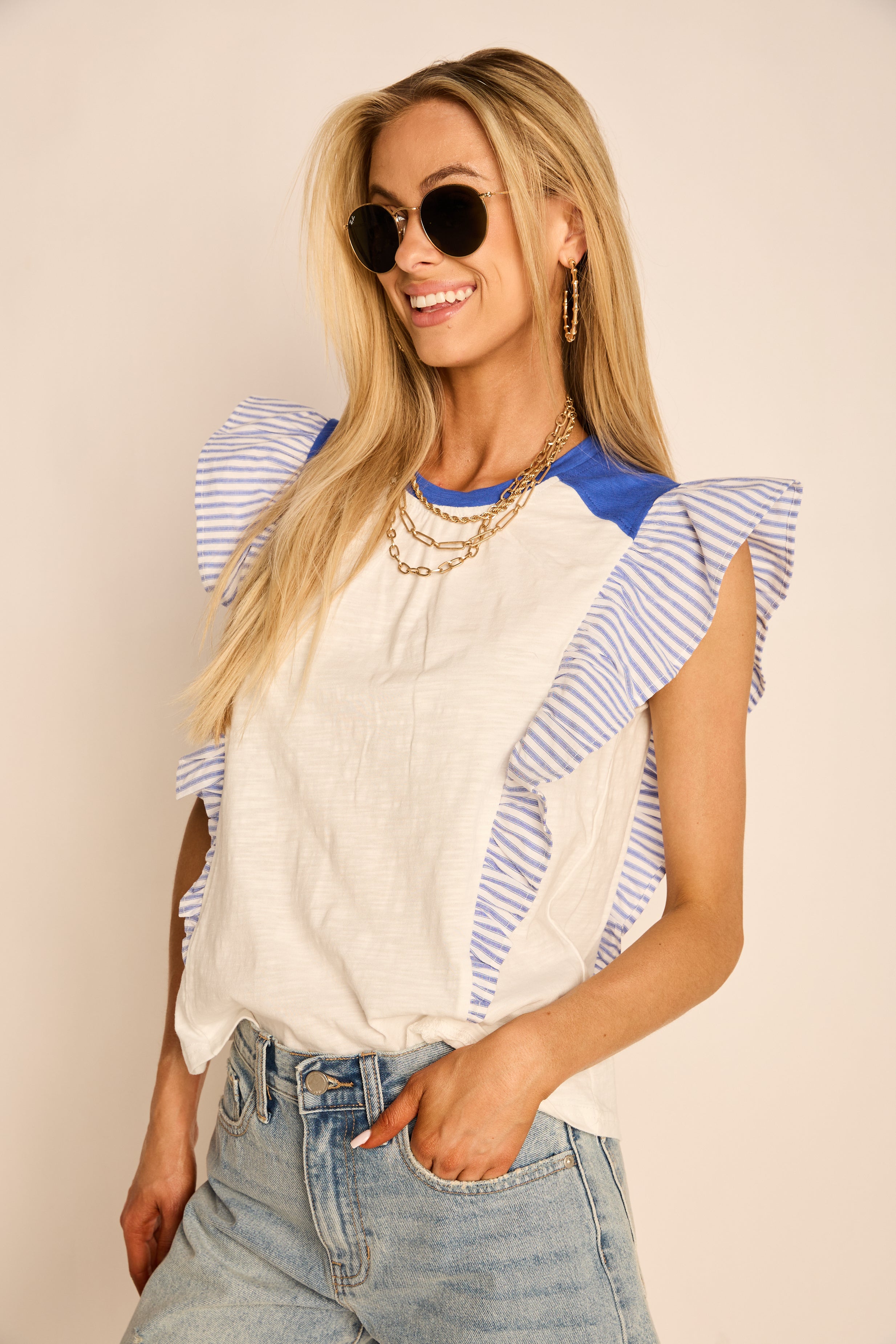 Chandler Striped Ruffle Sleeve Knit Top