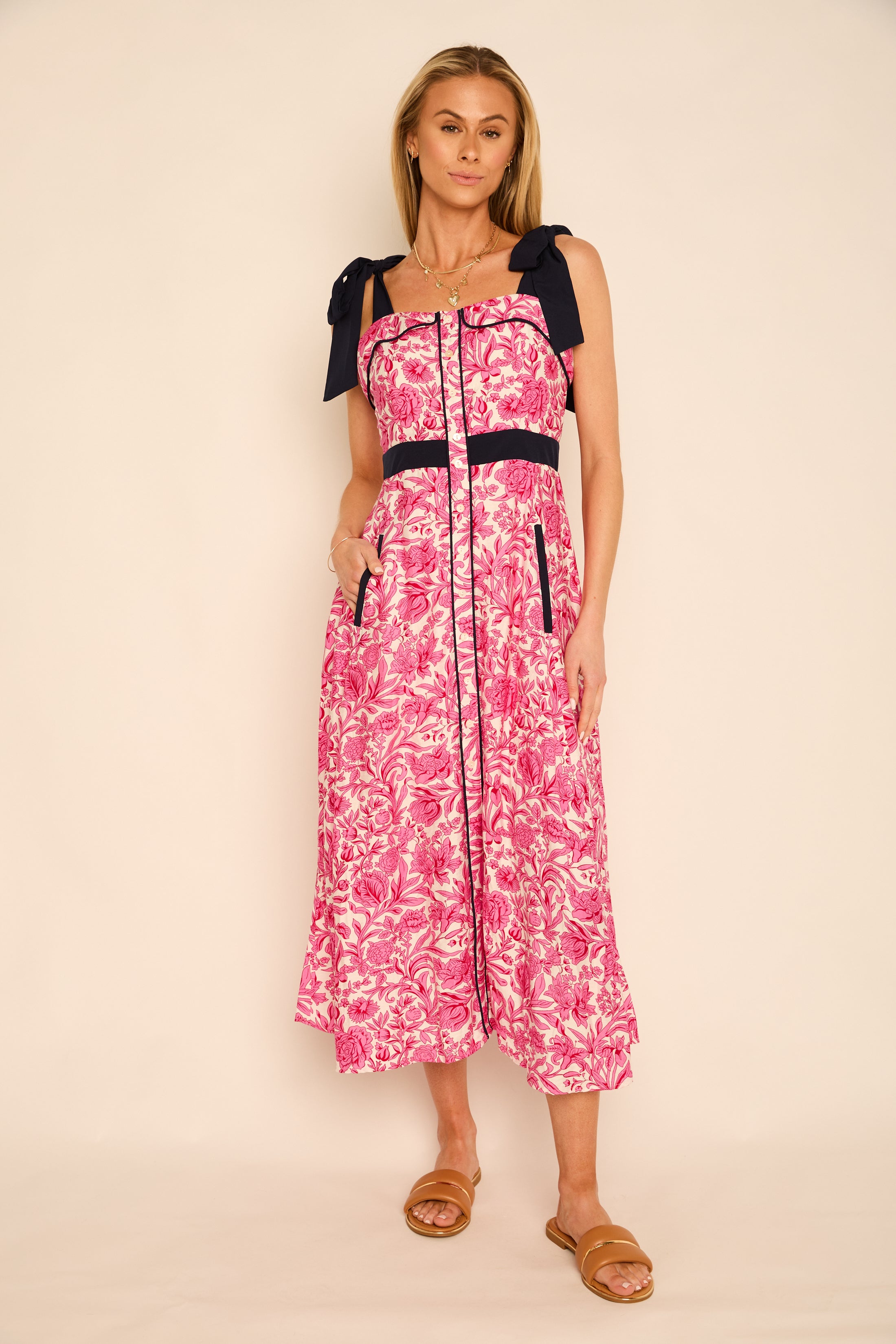 Gabrielle Tie Shoulder Button Up Midi Dress