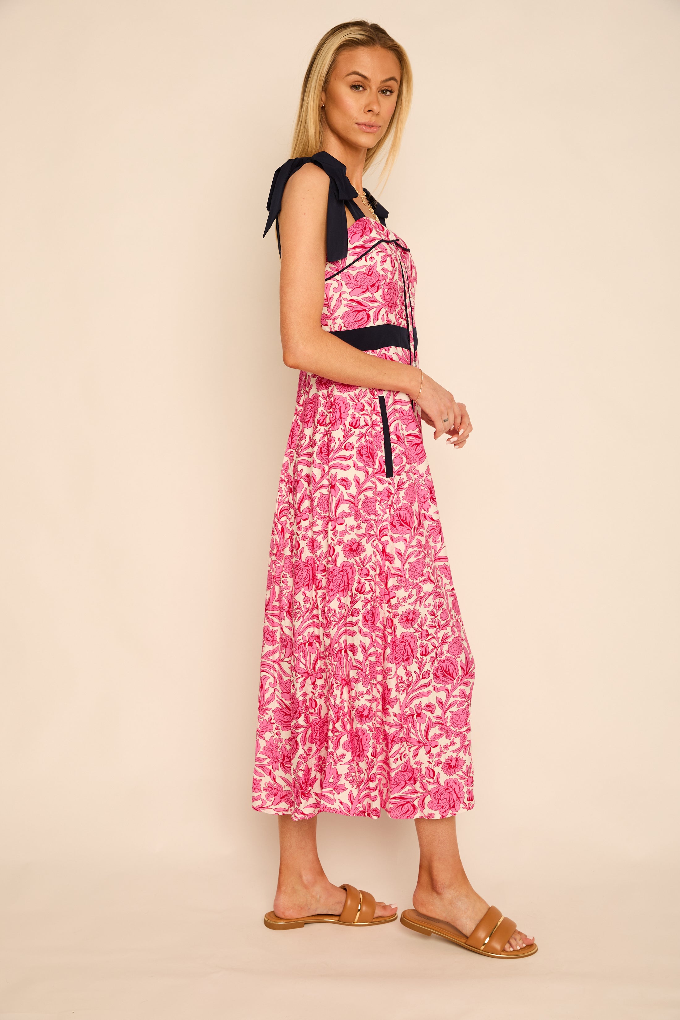 Gabrielle Tie Shoulder Button Up Midi Dress
