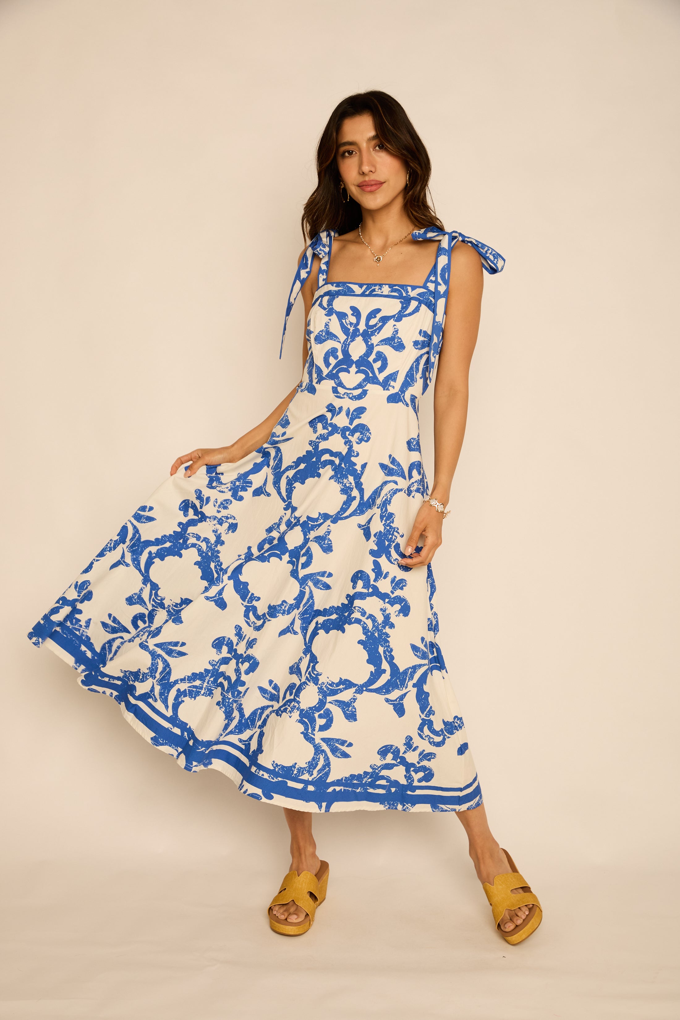 Jamie Printed Tie Shoulder Midi Dress