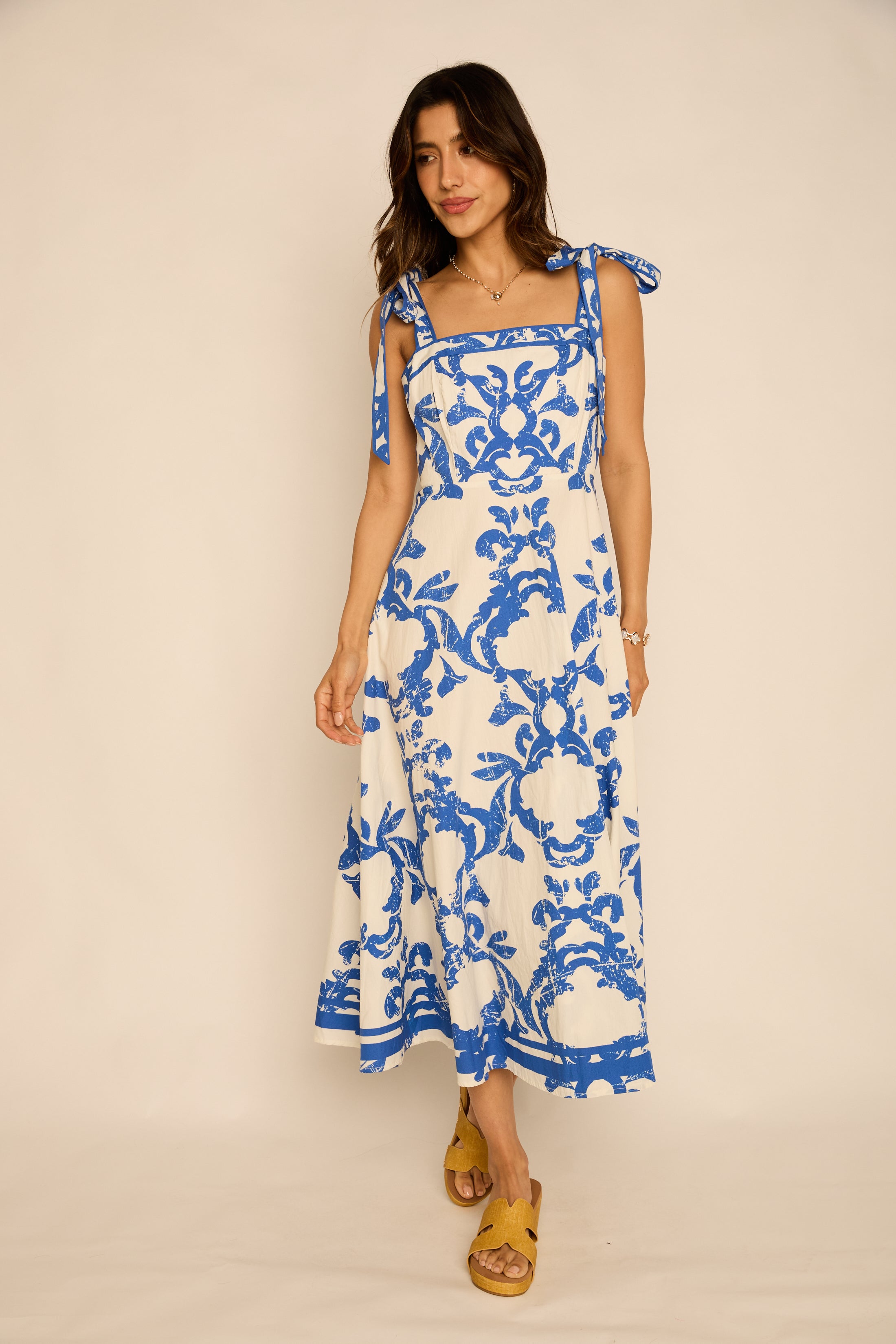 Jamie Printed Tie Shoulder Midi Dress