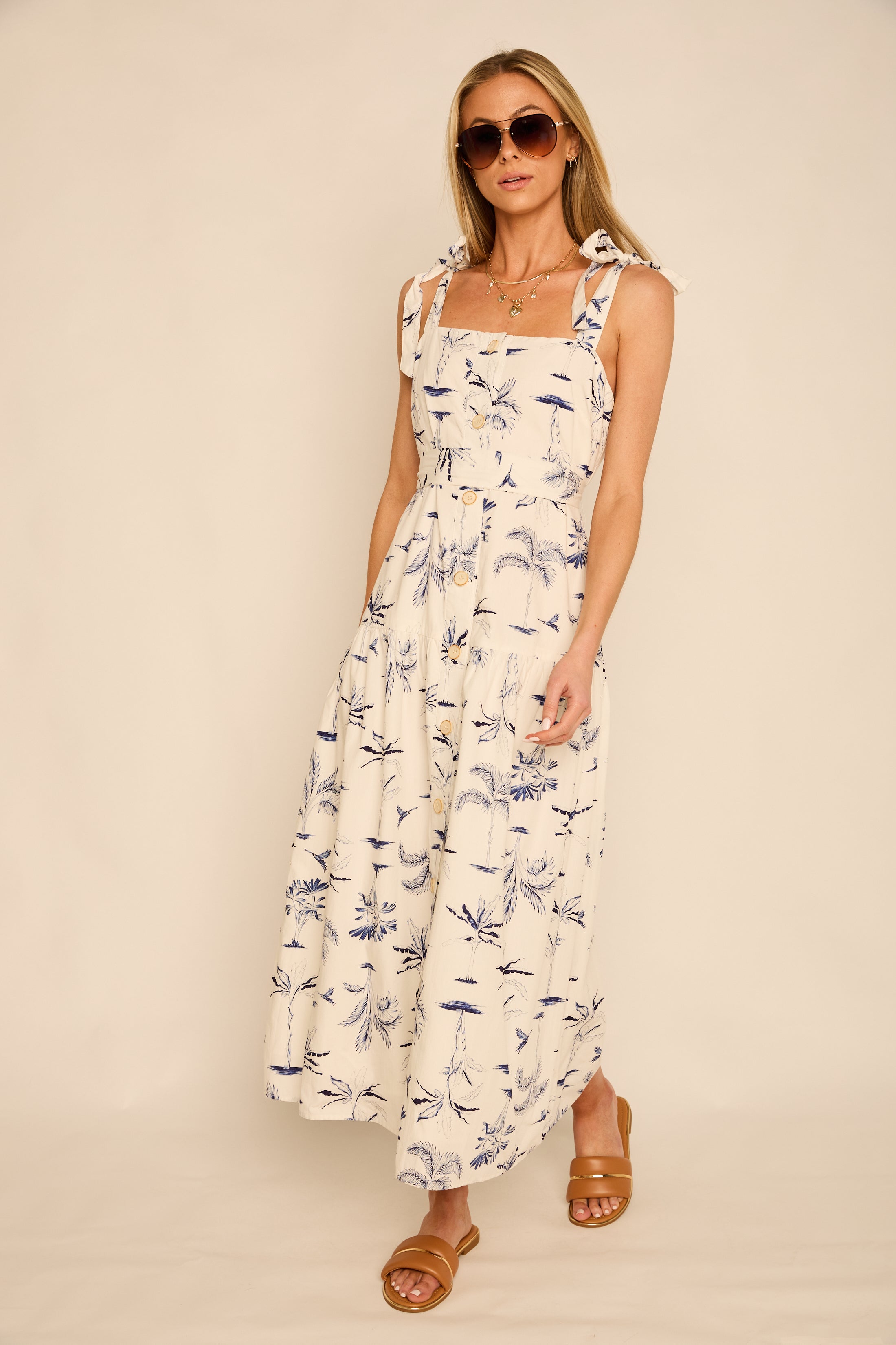 Raya Printed Tie Shoulder Midi Dress