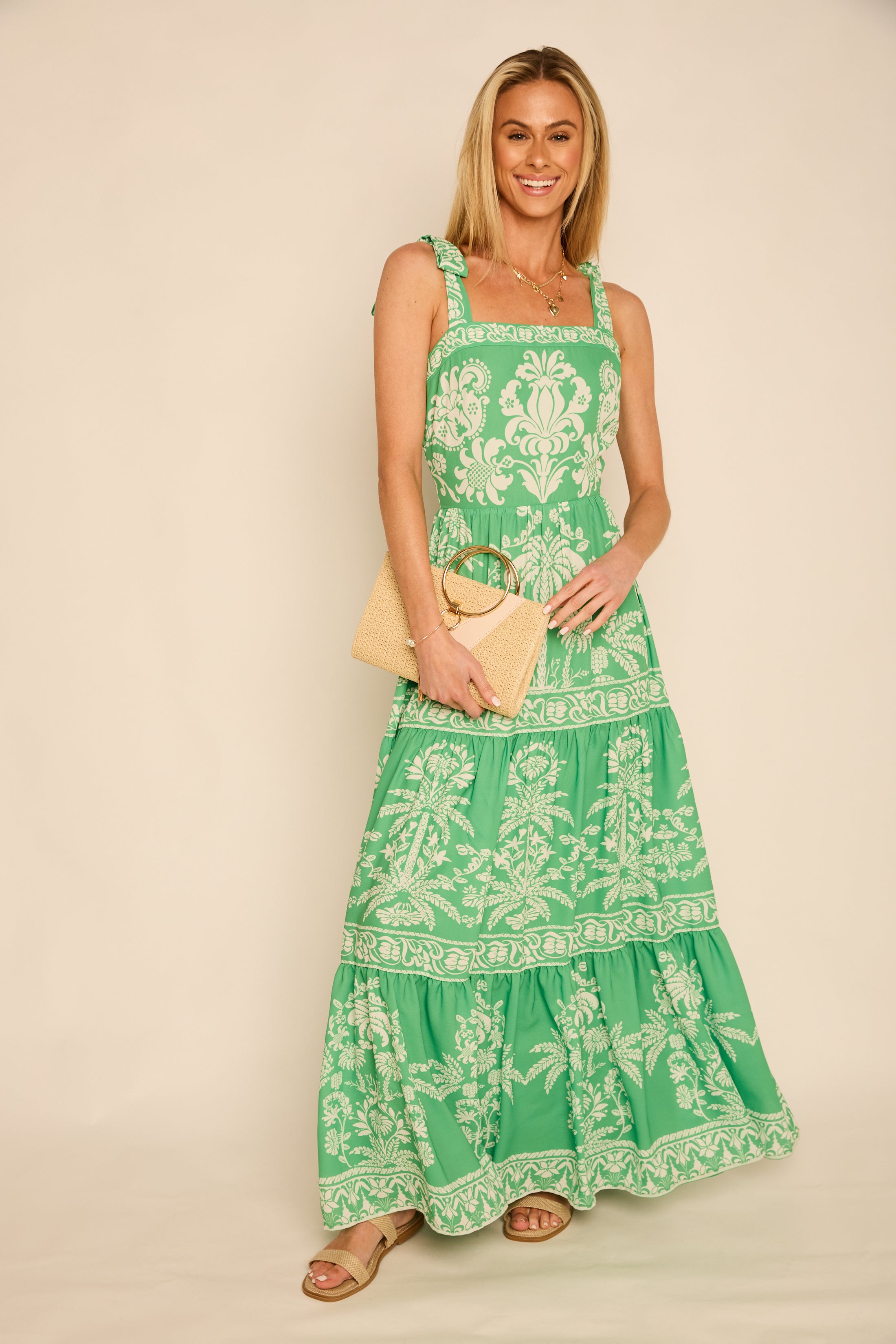 Grayson Printed Tie Shoulder Tiered Maxi Dress