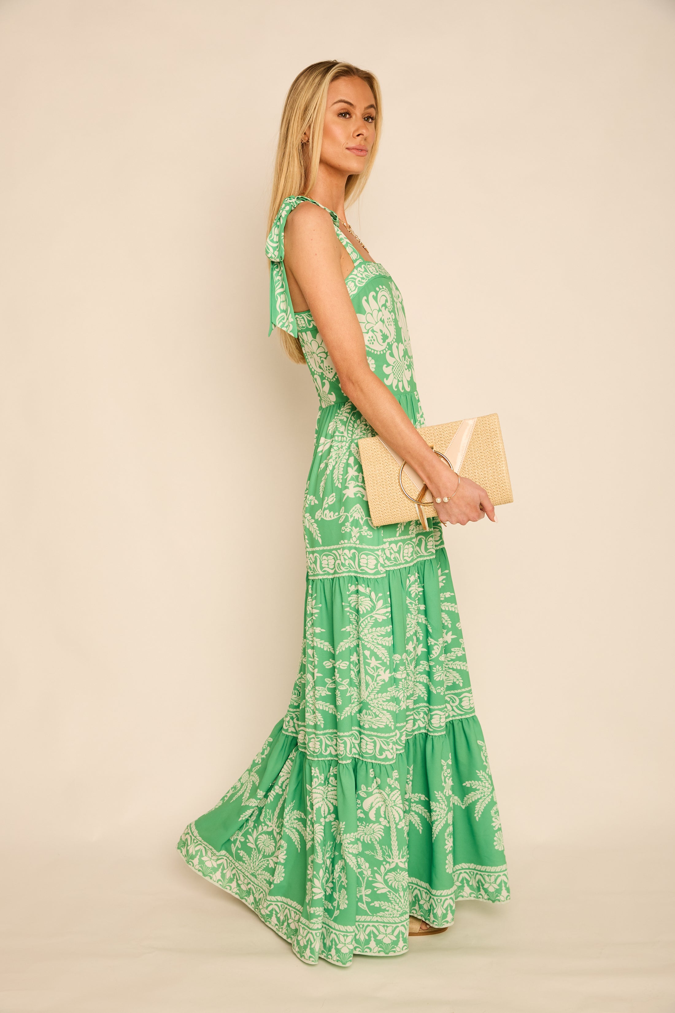 Grayson Printed Tie Shoulder Tiered Maxi Dress