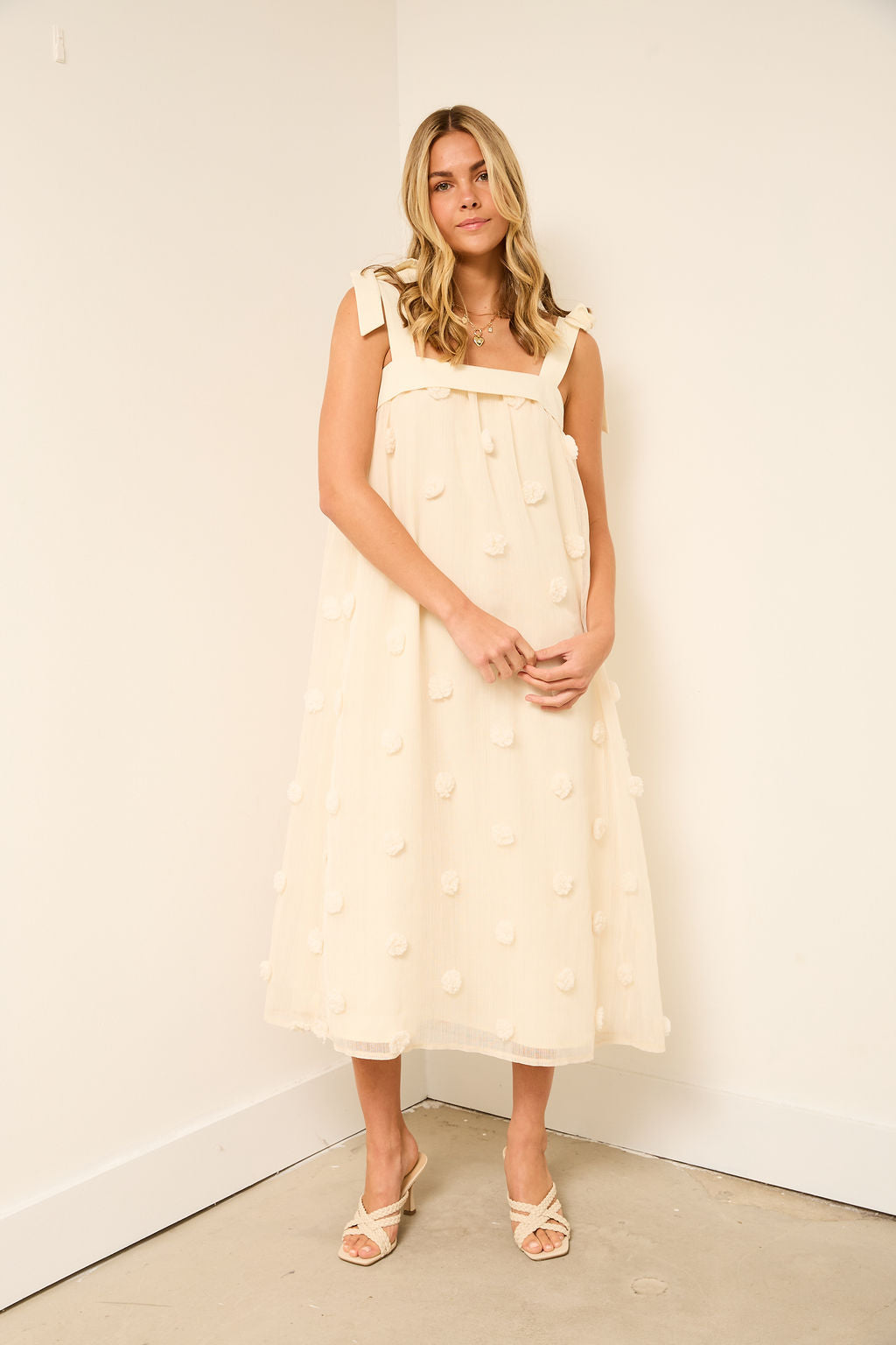 Angelina Floral Embroidery Shoulder Tie Midi Dress