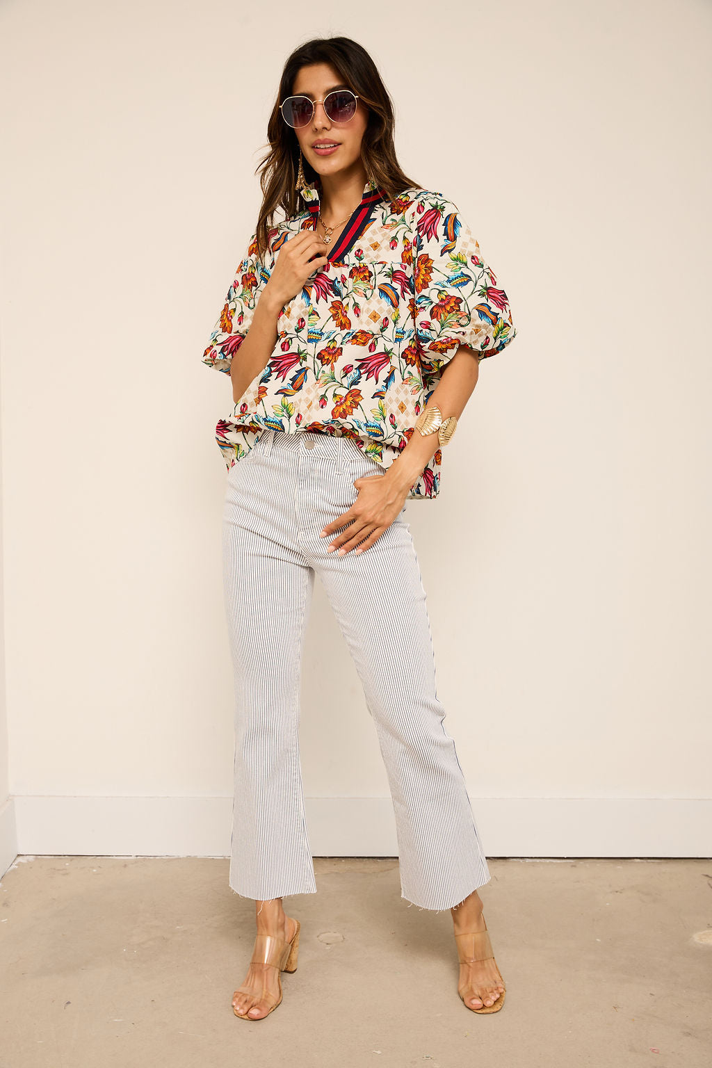 Kendall Stripe Trim Floral Print Top