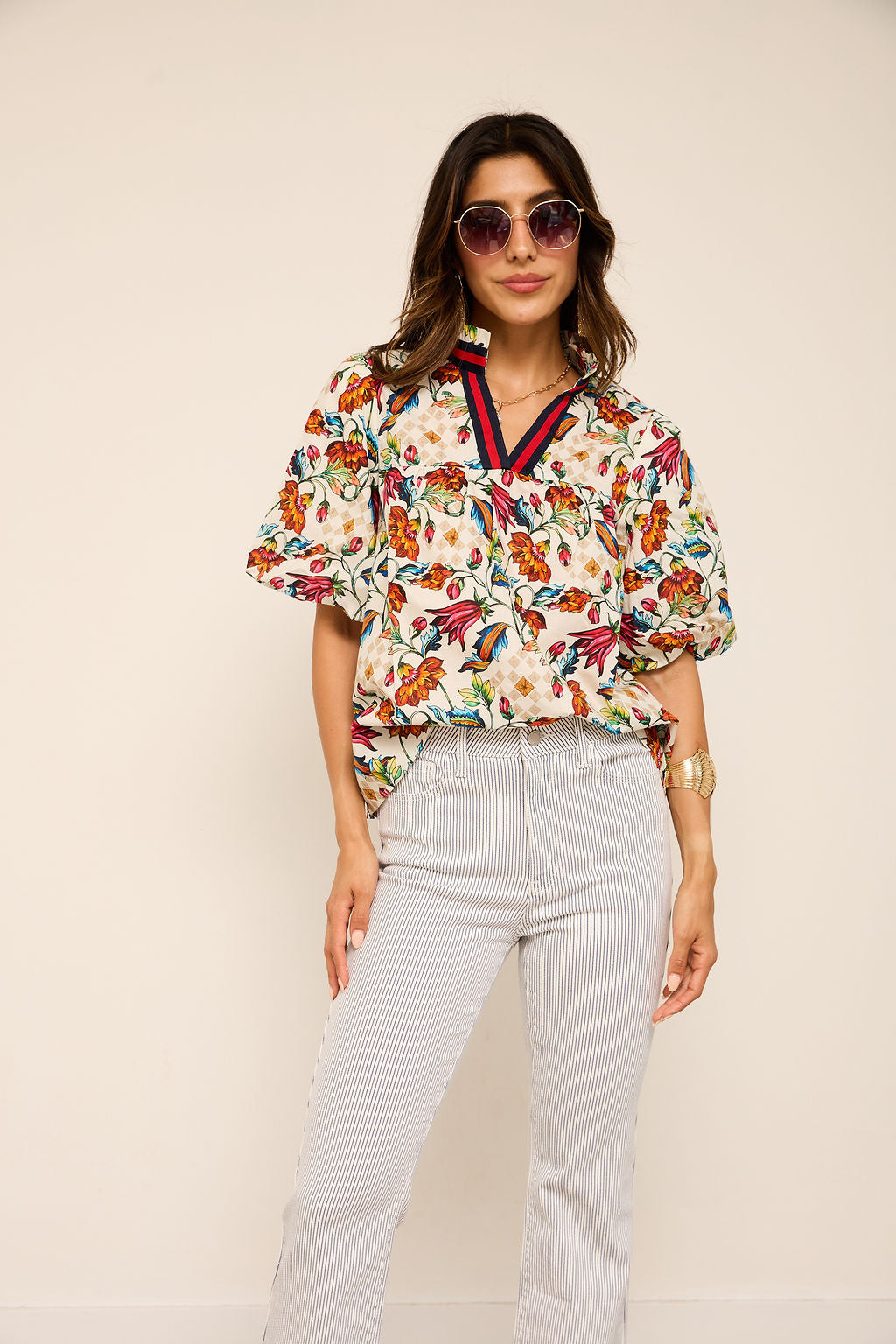 Kendall Stripe Trim Floral Print Top
