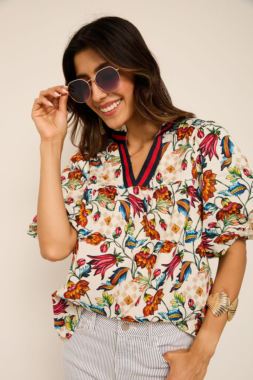 Kendall Stripe Trim Floral Print Top