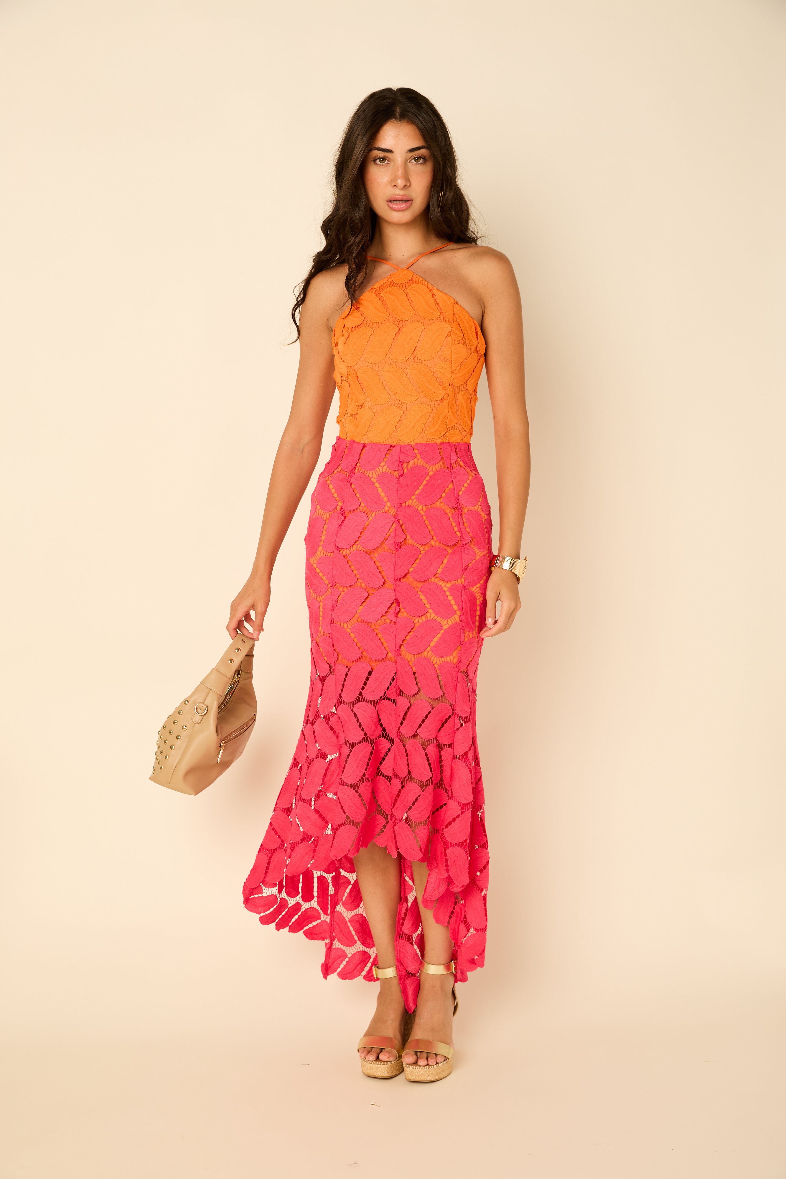 Lawrence Colorblock Crochet Leaf Maxi Dress