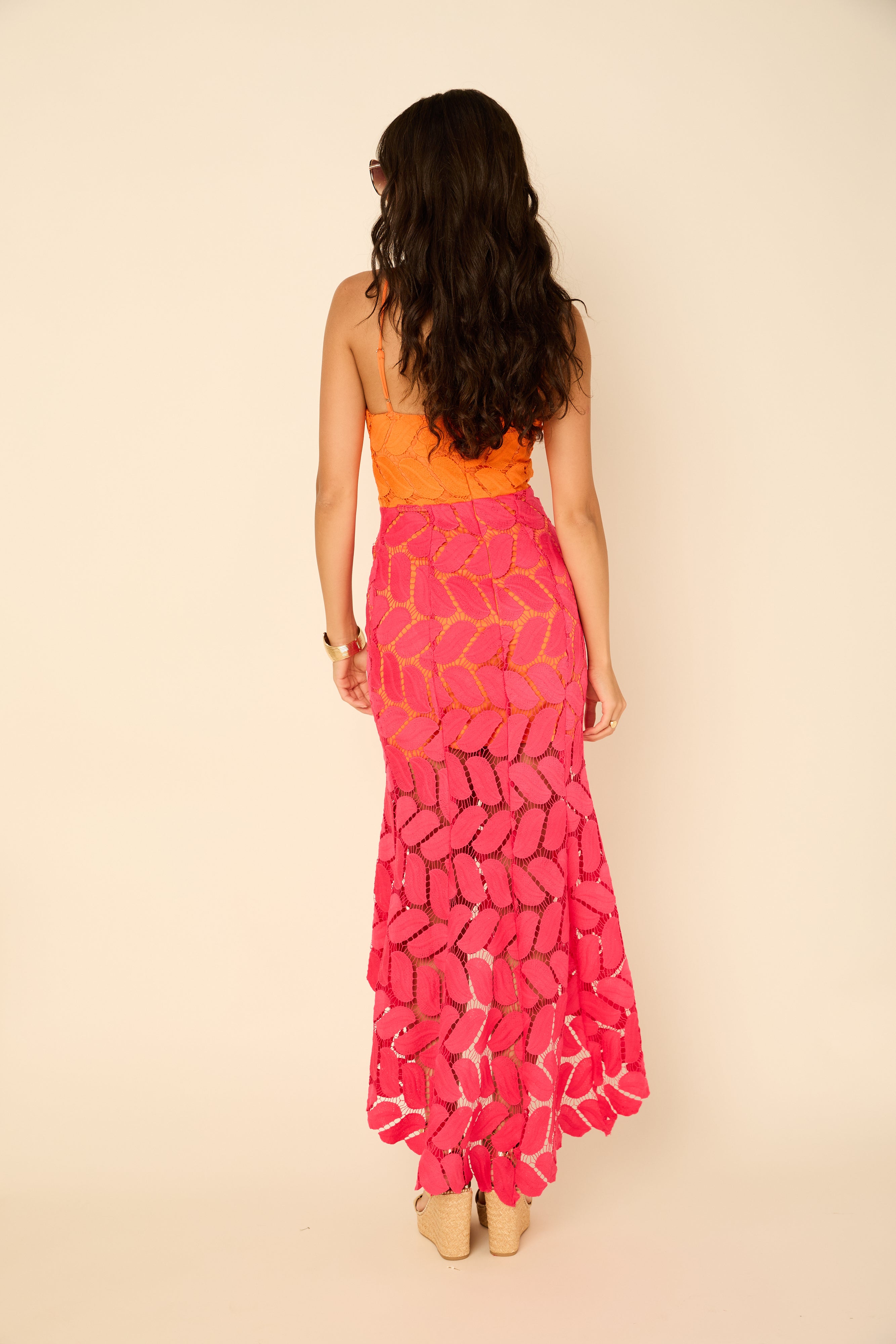 Lawrence Colorblock Crochet Leaf Maxi Dress