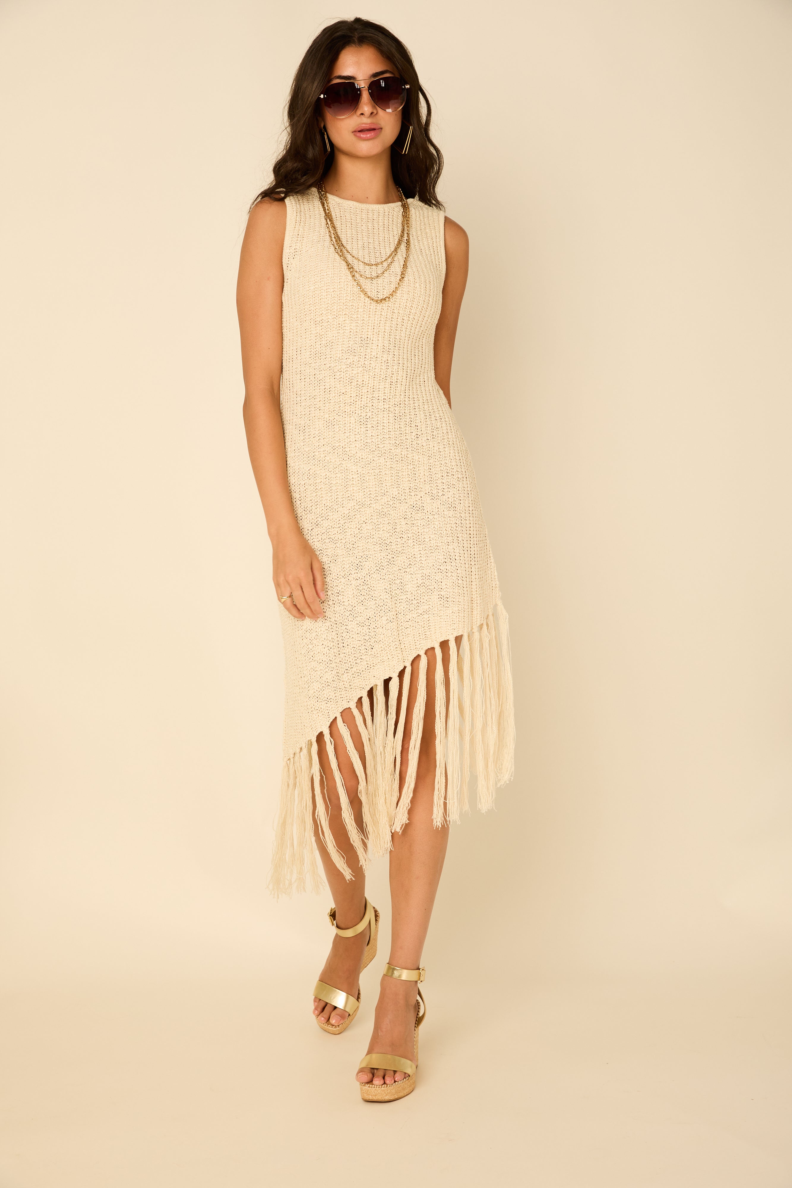 Lola Fringed Asymmetrical Hem Knit Midi Dress