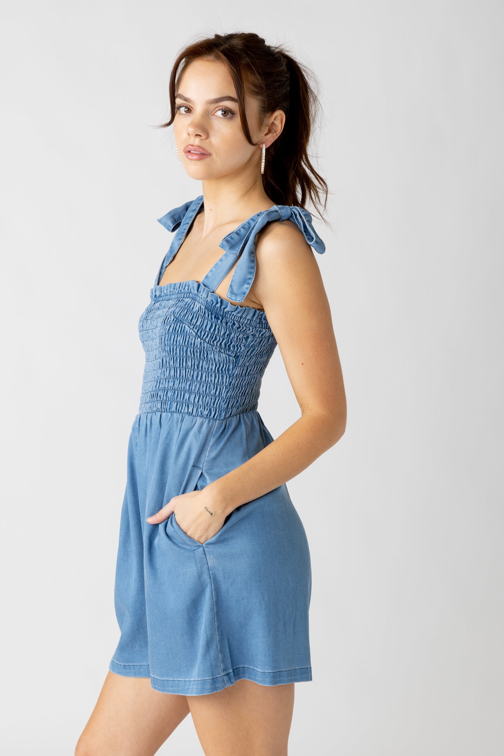 Louisa Tie Strap Denim Romper - fab'rik