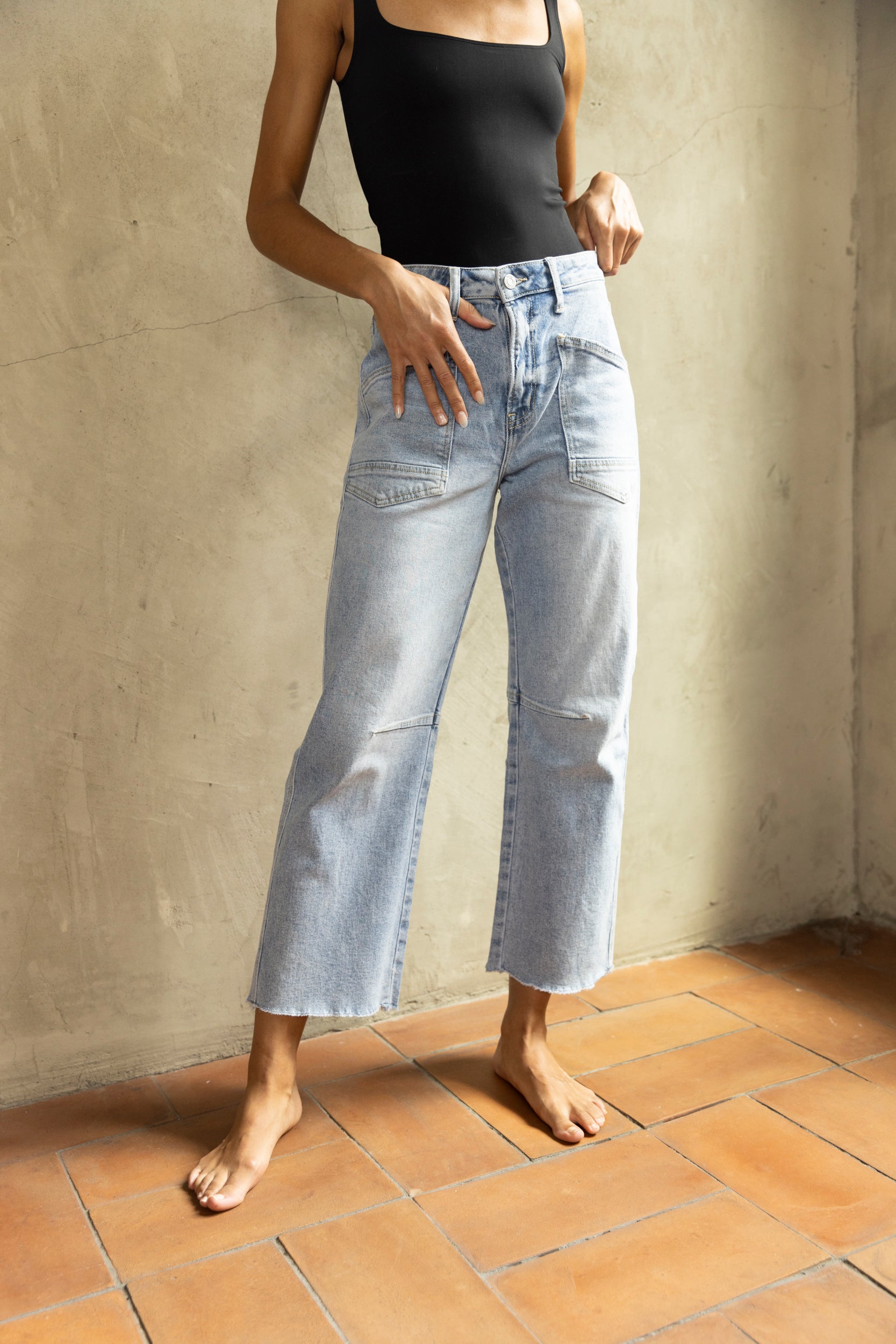 Preston High Rise Patch Pocket Wide Leg Jeans