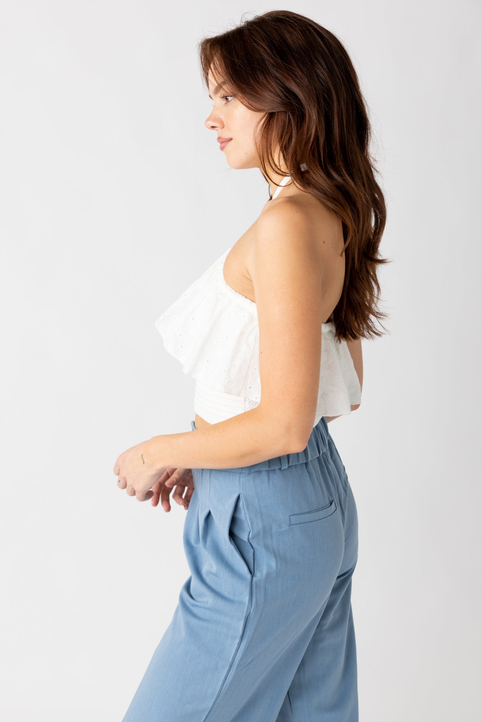 Elena Eyelet Detail Halter Cropped Top - fab'rik