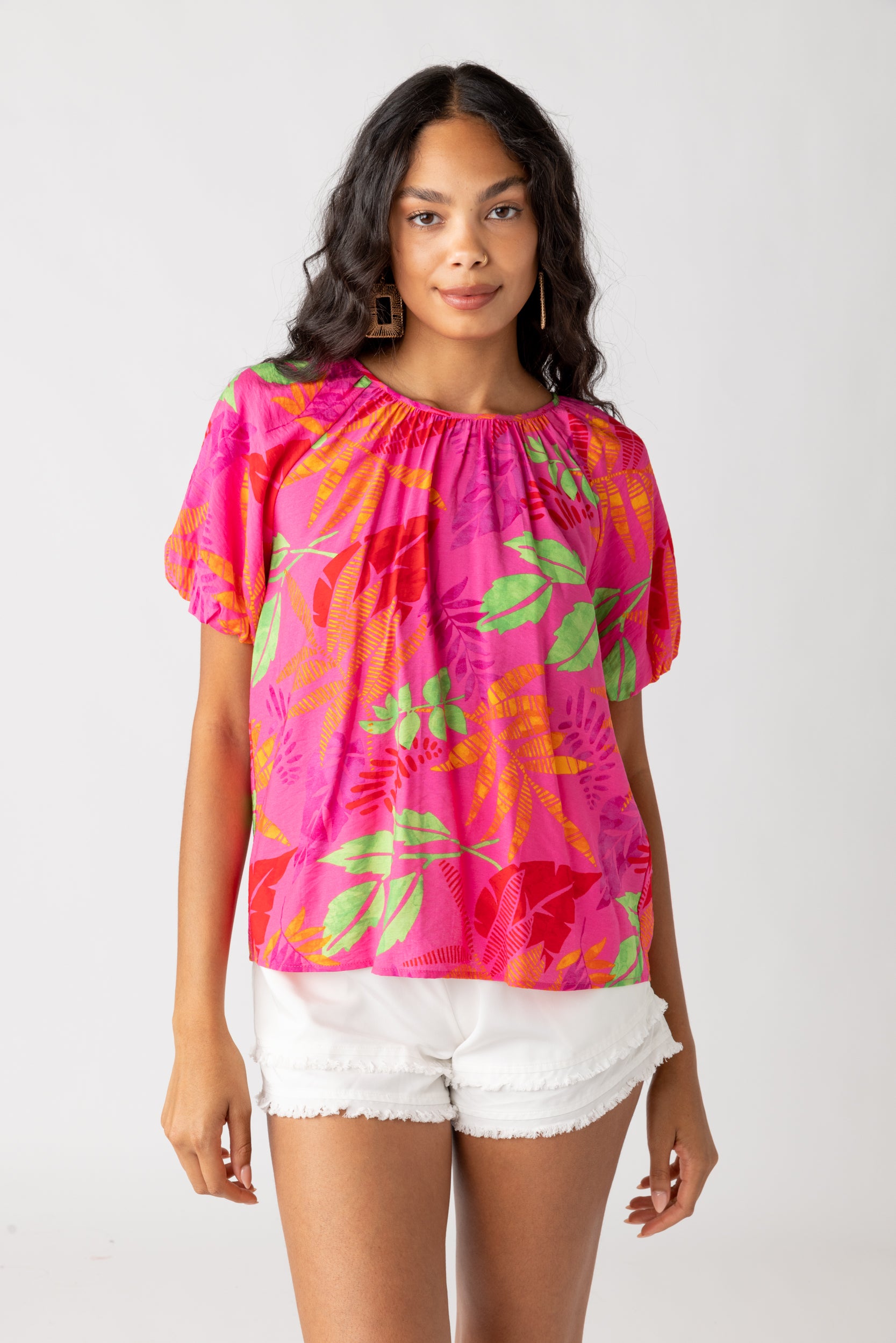 Patti Tropical Print Bubble Sleeve Blouse - fab'rik