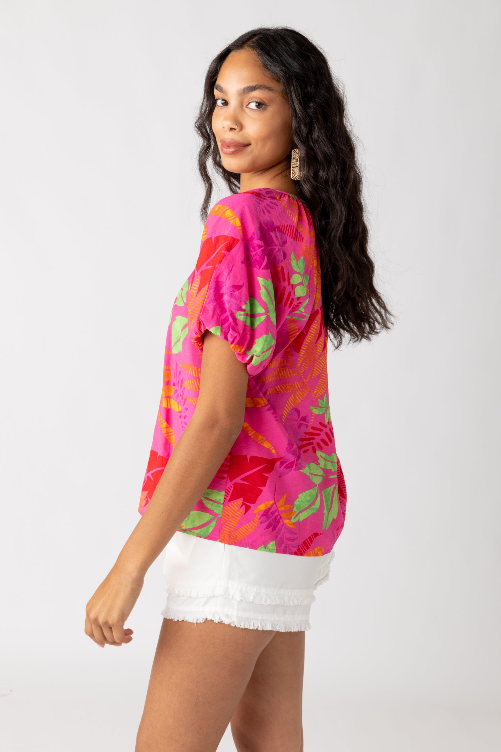 Patti Tropical Print Bubble Sleeve Blouse - fab'rik