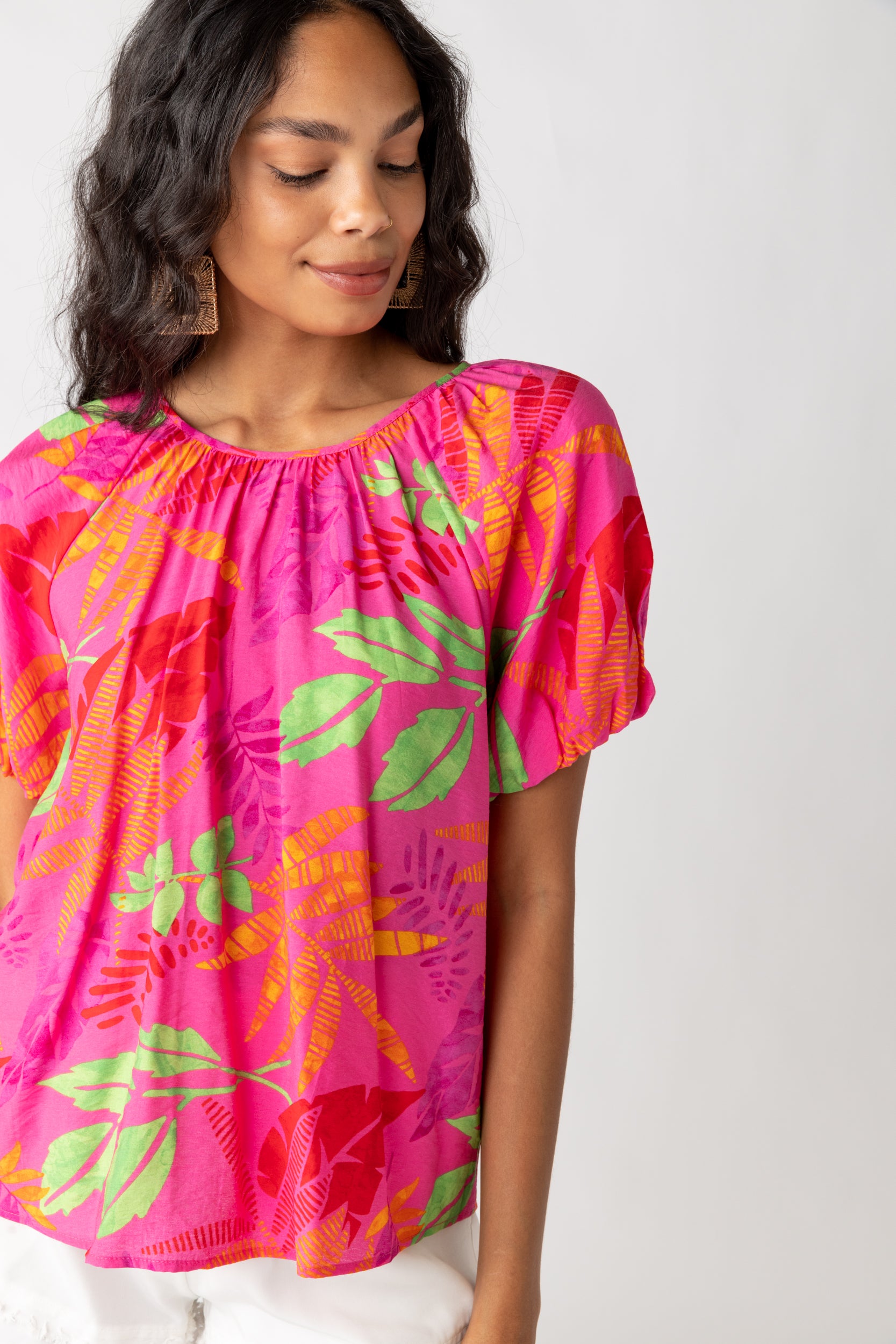 Patti Tropical Print Bubble Sleeve Blouse - fab'rik