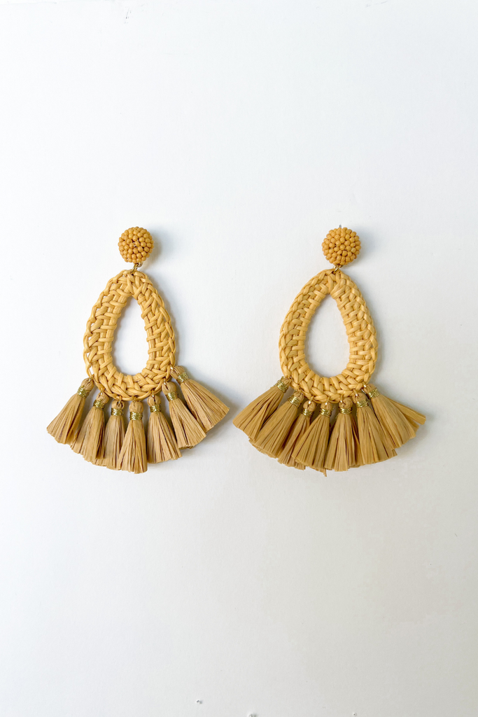 Mara Rattan Teardrop Fringe Earrings - fab'rik