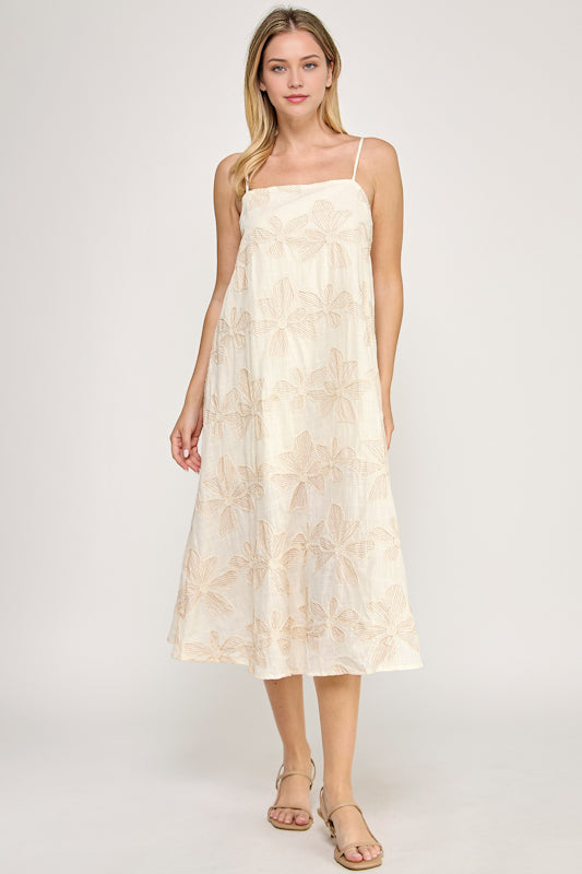 Tilly Floral Embroidery Sleeveless Midi Dress