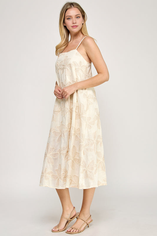Tilly Floral Embroidery Sleeveless Midi Dress
