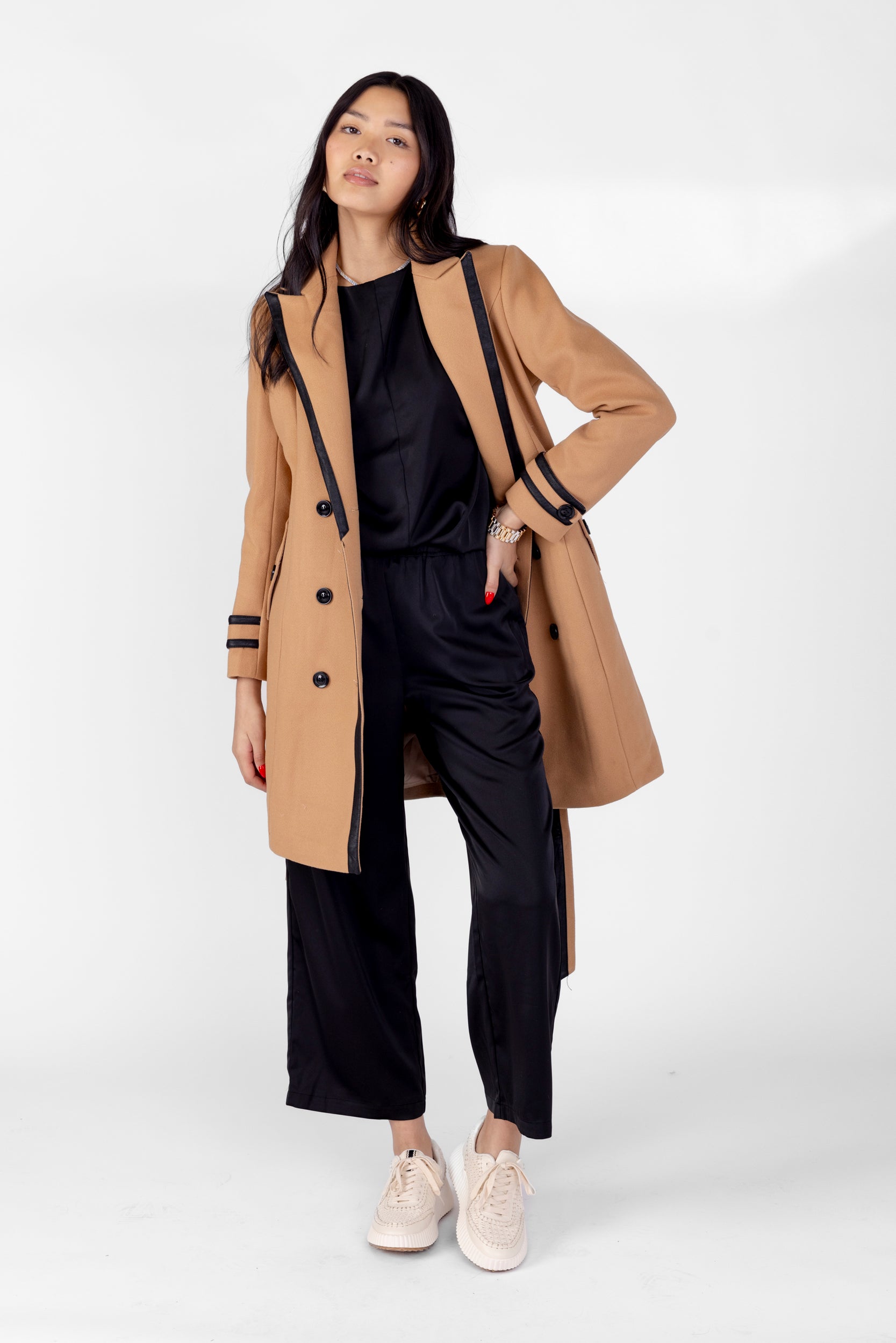 Reggie Leather Trimmed Belted Coat - fab'rik
