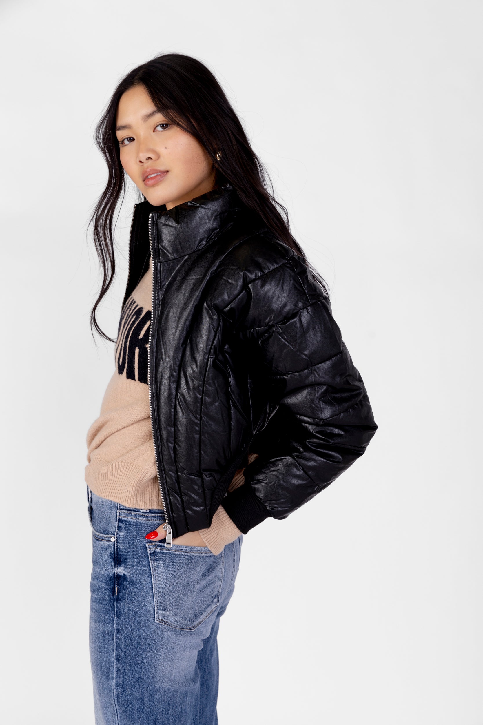 Honey Faux Leather Puffer Jacket - fab'rik