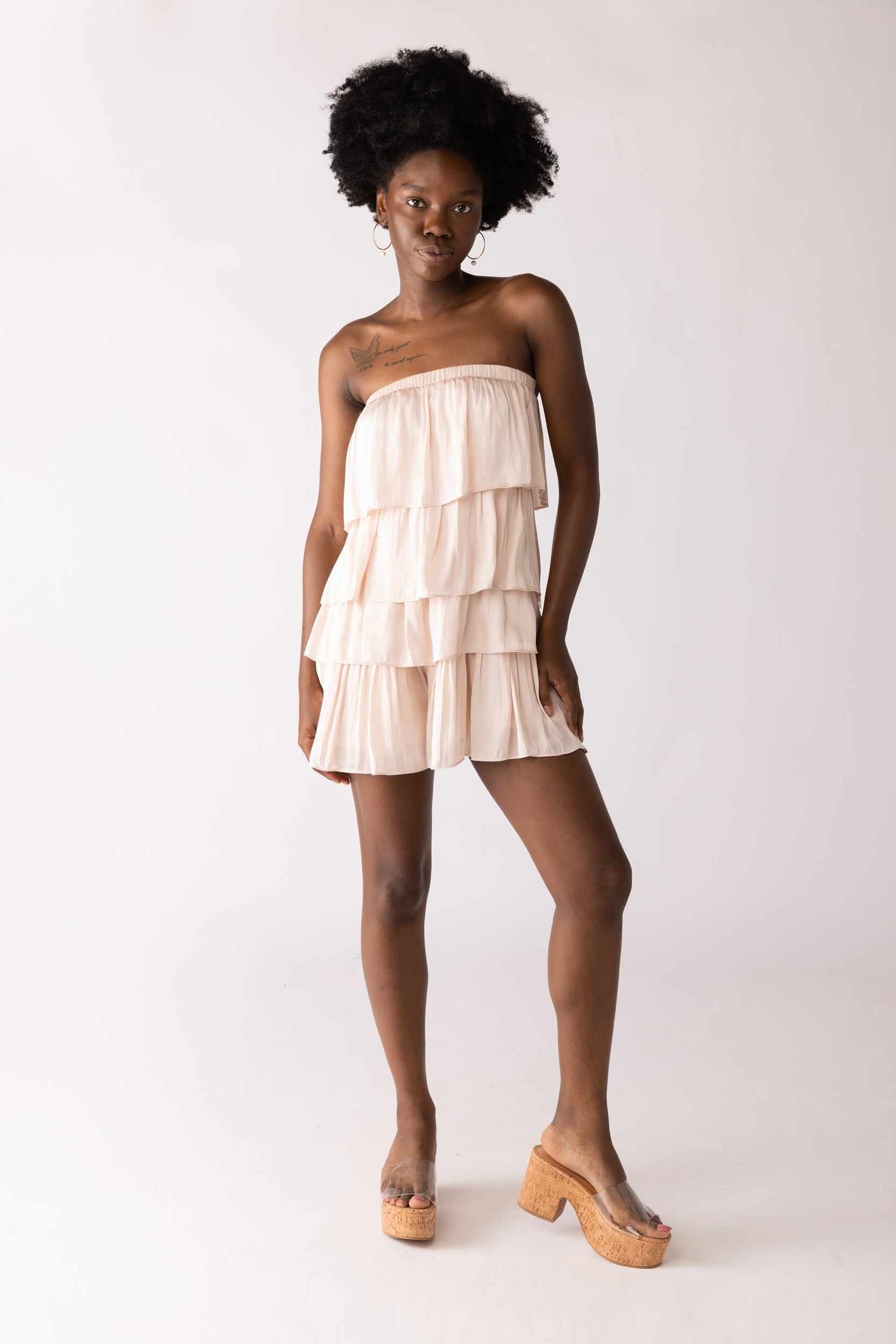 Cori Tiered Strapless Ruffle Romper - fab'rik