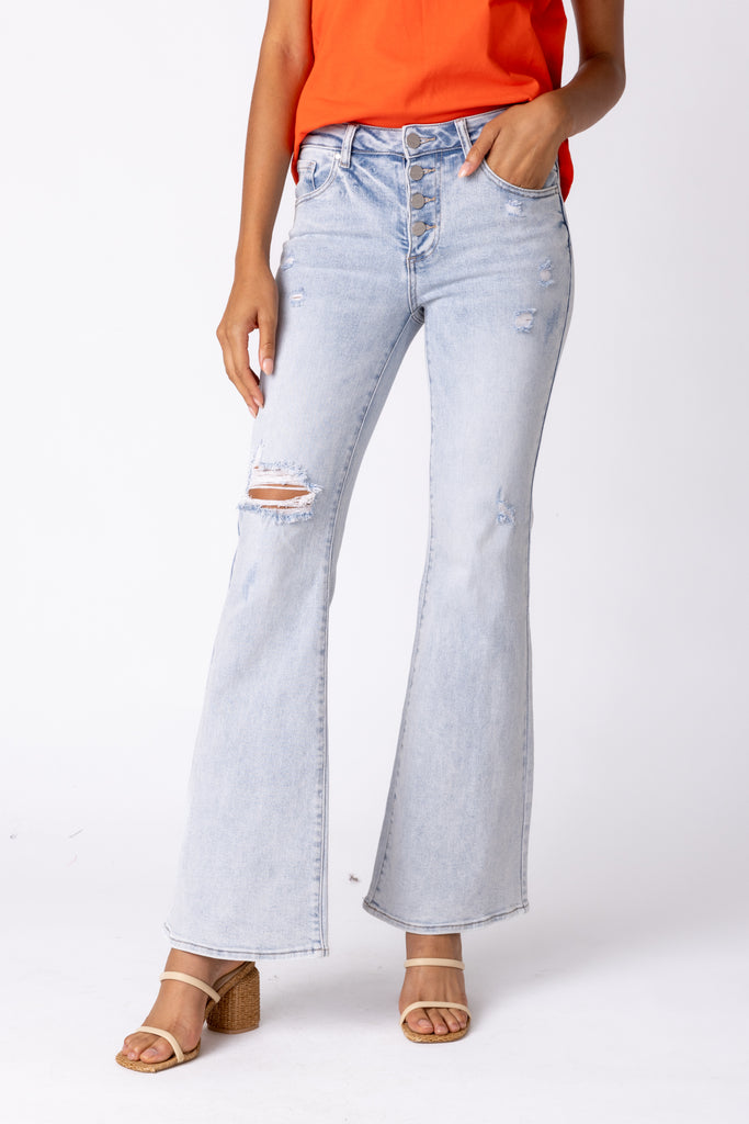 Crawford Mid Rise Button Fly Flare Jeans - fab'rik
