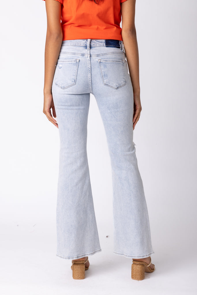Crawford Mid Rise Button Fly Flare Jeans - fab'rik