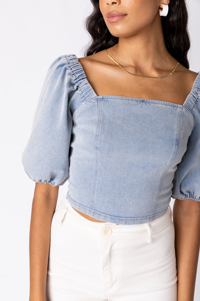 Hadley Chambray Puff Sleeve Top - fab'rik