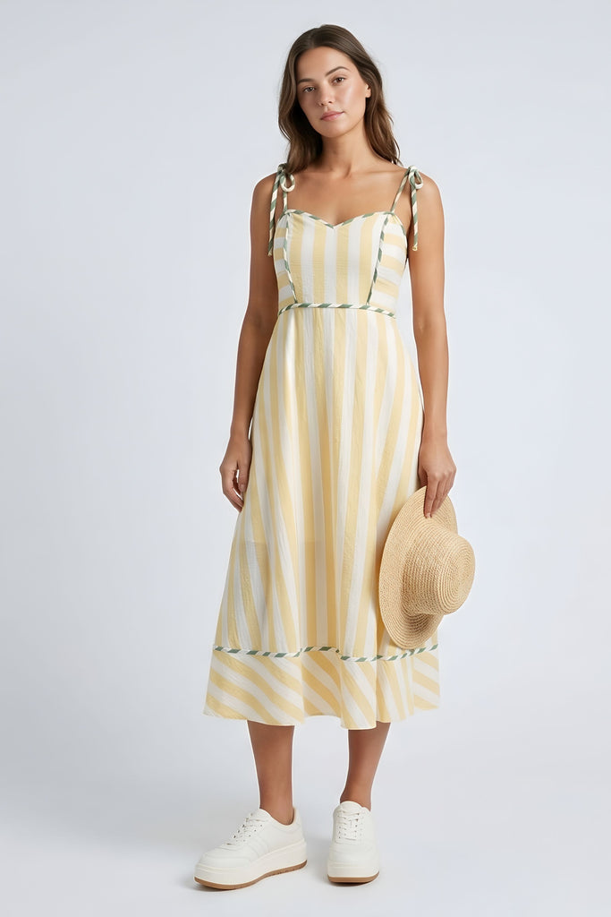 yellow striped midi dress Yellow Stripe Scalloped Midi Dress