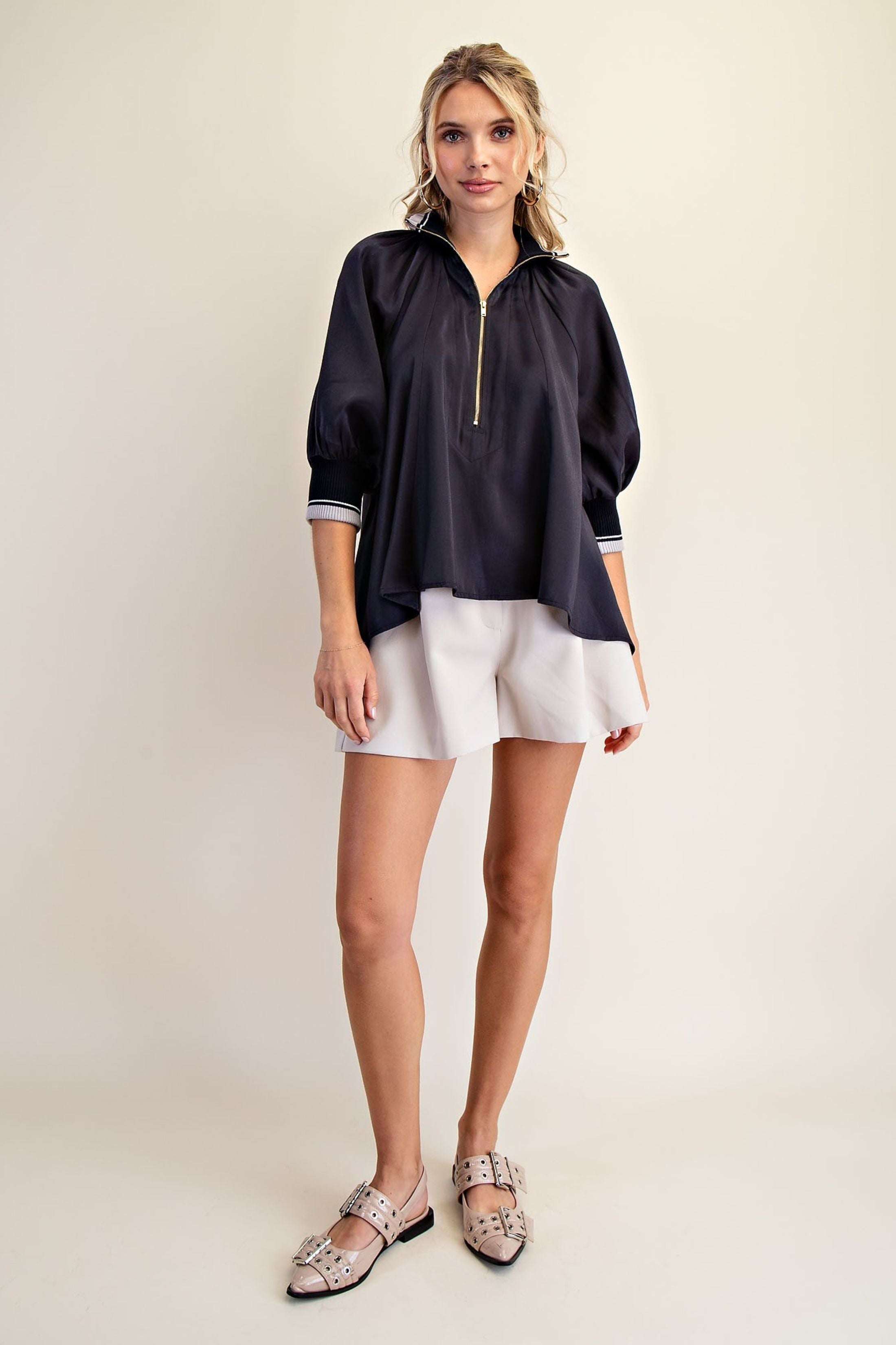 Greer Mock Neck Band Puff Sleeve Blouse