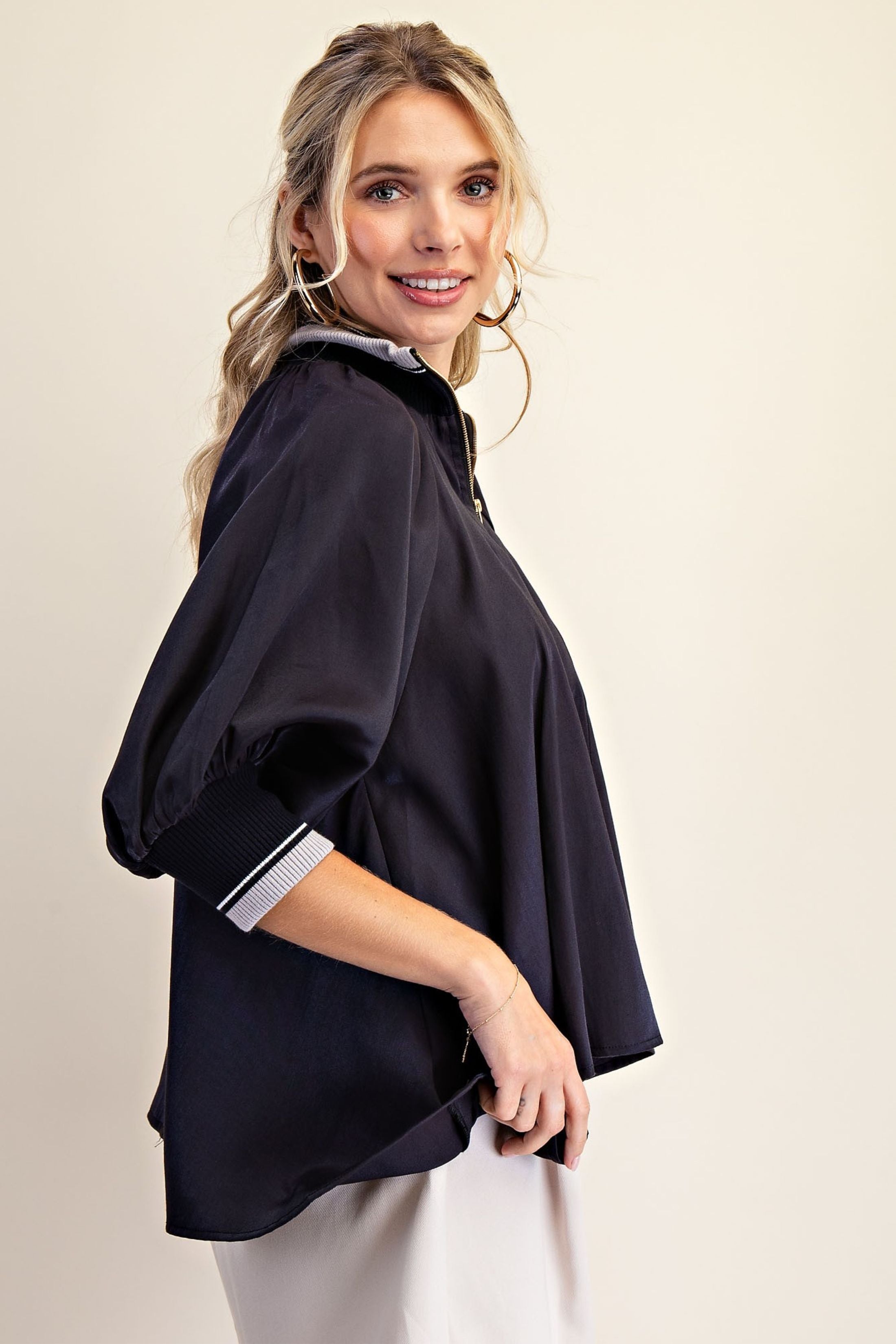Greer Mock Neck Band Puff Sleeve Blouse