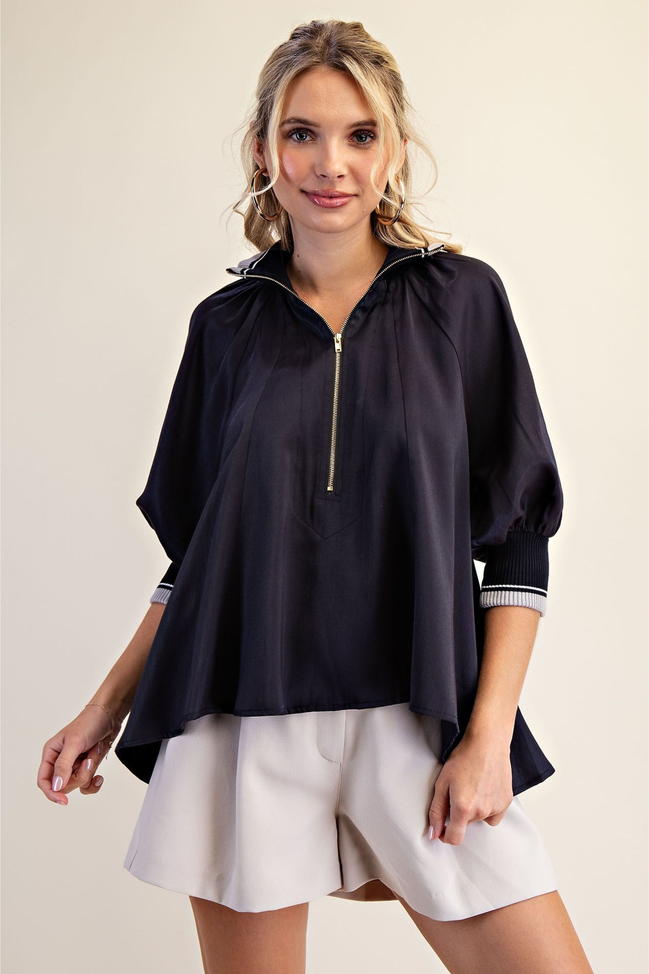 Greer Mock Neck Band Puff Sleeve Blouse