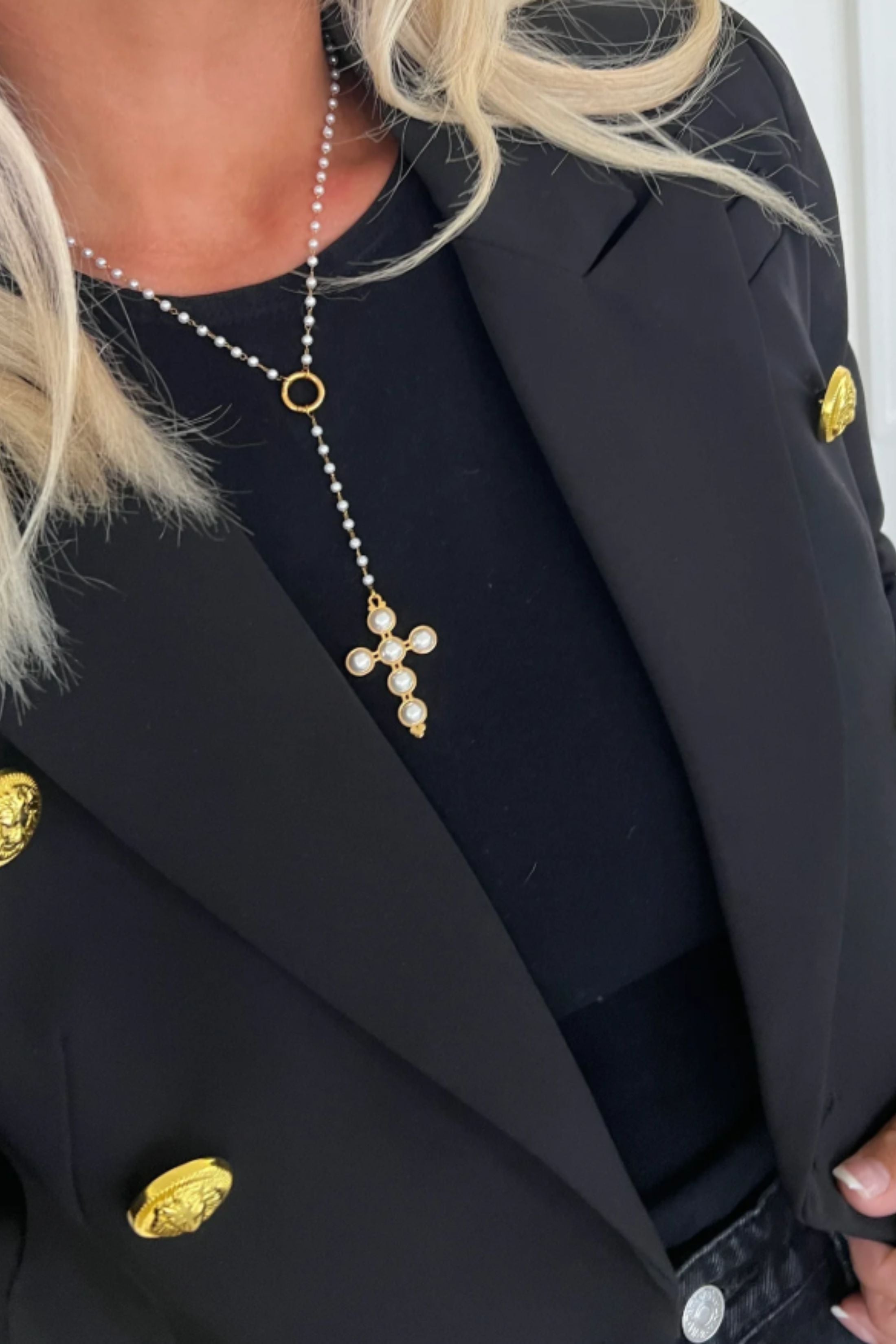 Lariat Pearl Cross Necklace
